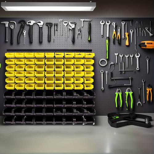 90pcs wall mounted storage bin organizer rack durable plastic with black bins yellow labeled compartments for garage workshop tool hardware office supplies storage organizer workshop organization