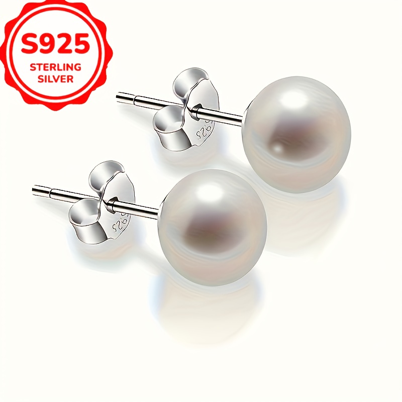 TEMU 1 Pair Elegant S925 Sterling Silver Stud Earrings, 8mm, Hypoallergenic With Ear , And Wedding Accessory, Silver Plated, Lightweight 1.7g, Gift