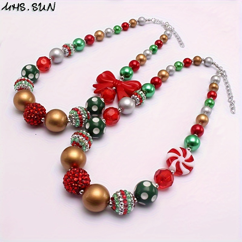 TEMU 2pcs Festive Christmas Bow & Lollipop Beaded Necklaces - Accessory