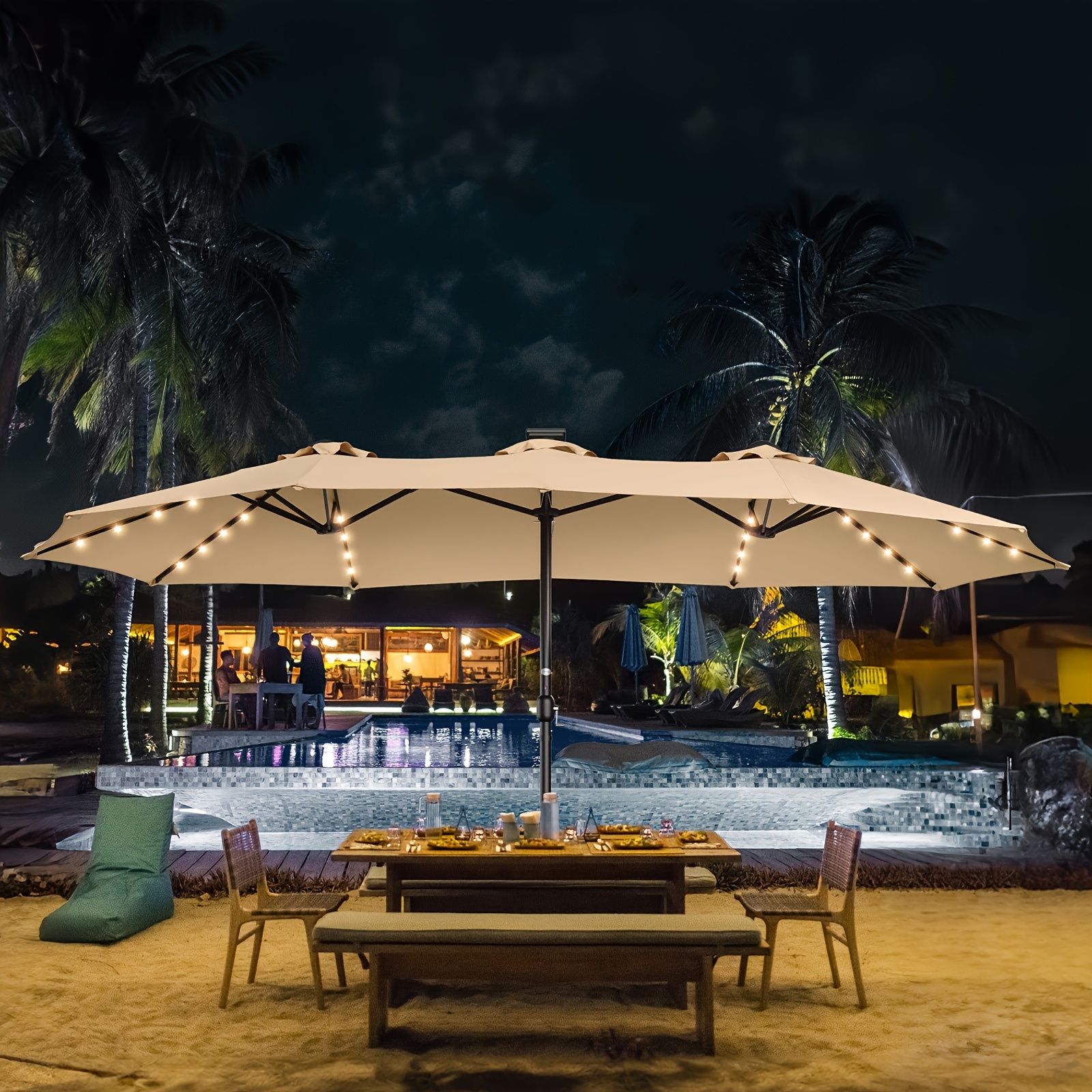 

Double Sided Patio Umbrellas - 15ft Solar Lights Led Lighted Outdoor Extra Large Umbrella With Base Included, 48 Solar Led Lights, Oversized Umbrella For Deck, Pool, Backyard