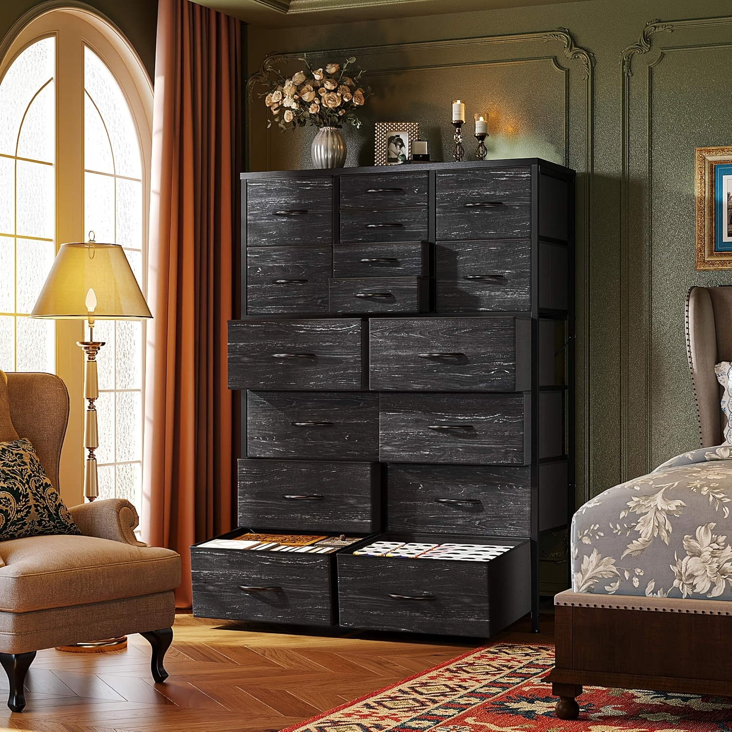black fabric dresser Snhomee 12 Drawer Dresser with Storage Organizer Chest , Large Fabric Dressers & Chest of Drawers with Sturdy Metal Frame, Wood Top, Dresser Drawer main image 1