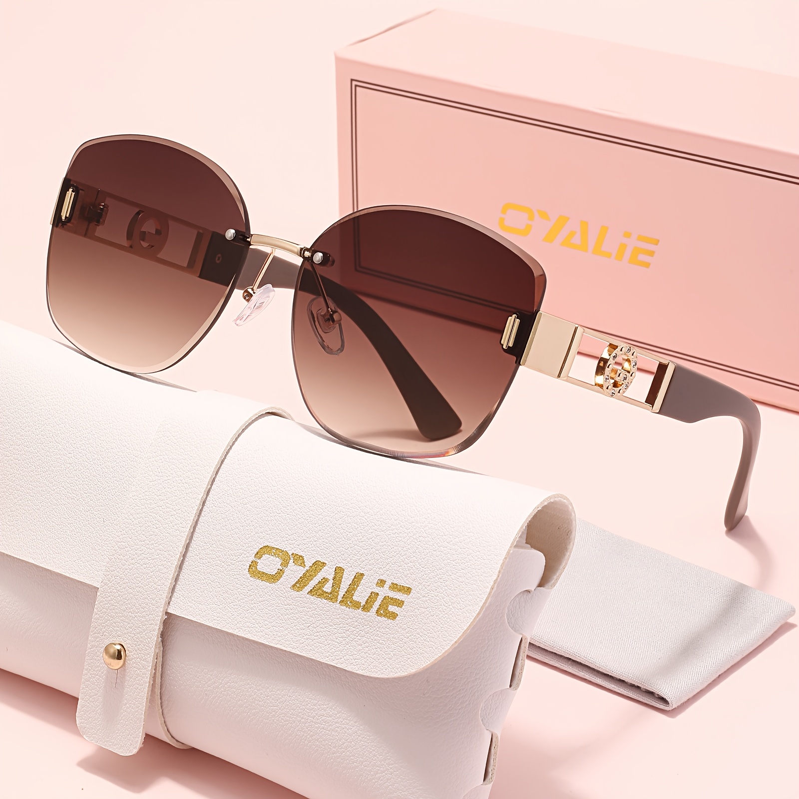 Image of Oyalie Extra Large -eye Frameless Glasses, Women's Small Style, Inlaid With Sparkling Rhinestones, Makeup-free Decorative Glasses, For Shopping And Photos, Ideal Non- Holiday Gift! In Leather Box