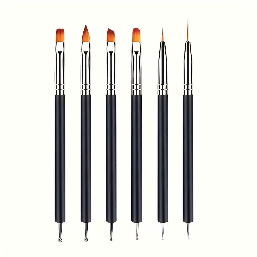 TEMU 6pcs Black Nail Art Brushes - Dotting, Lining,, Flat, Round Heads For Diy & Professional Use