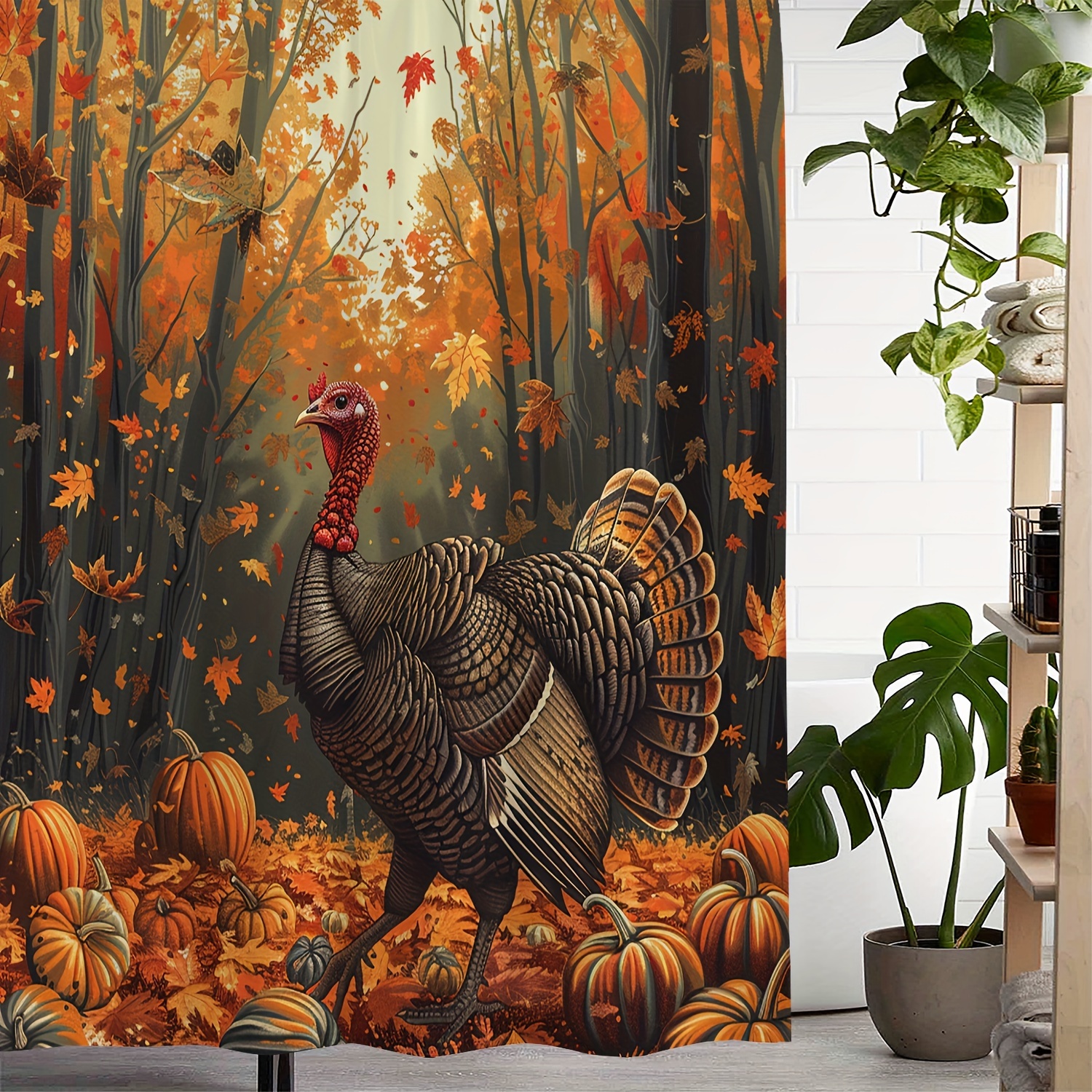 

1pc, Turkey Pumpkin Autumn Leaves Shower Curtain, Fall Themed Waterproof Bath Decor With 12 Hooks, For Home & Bathroom