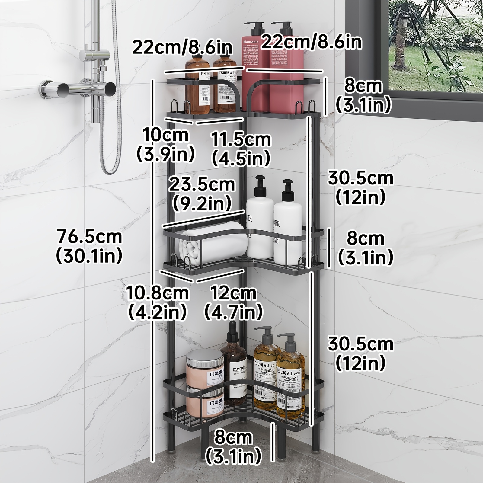 TEMU 3-tier Metal Bathroom Corner Shelf, Freestanding Shower Caddy Organiser With Raised Guard Rails, Space-saving Storage Rack For Shampoo,