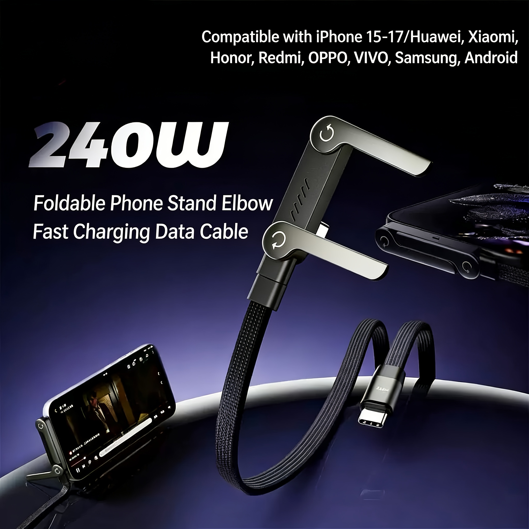 240w fast charging 2 in 1 invisible stand charging cable   usb suitable for gaming office use and vehicle travel compatible with smartphones tablets and laptops with a sturdy smooth and non   design