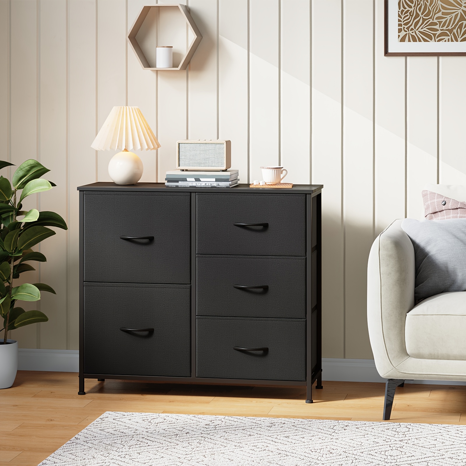 TEMU Commode EUNOS pour chambre à coucher avec 5 tiroirs, grand meuble de rangement avec en tissu amovibles pour chevet, buanderie, entrée, couloir