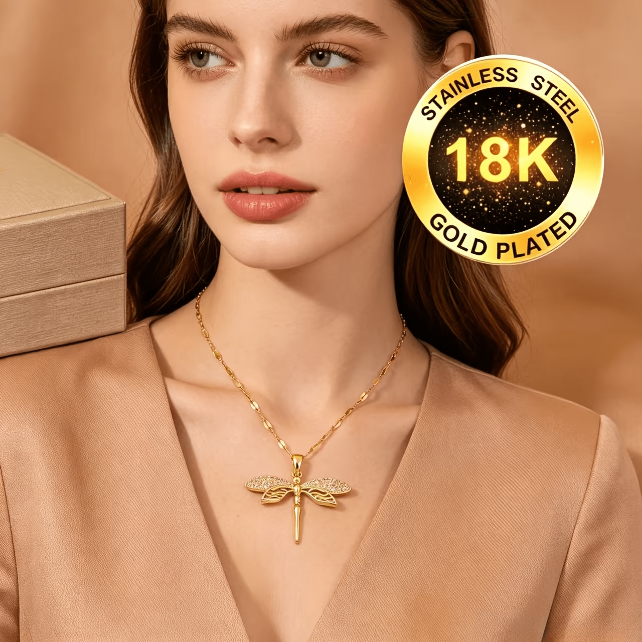 TEMU High Quality 316 Earrings For Women, 18k Golden Plated Dragonfly Pendant Necklace, Exquisite Dragonfly Necklace, Hypoallergenic Stainless Steel