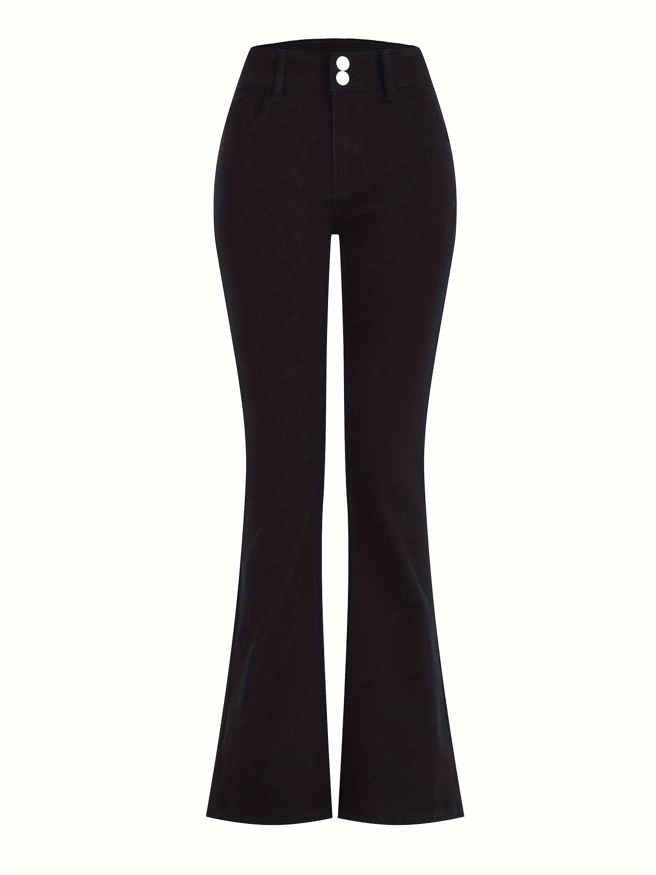 Girls' Solid Black Classic Double Button Stretch Flare Jeans - Temu