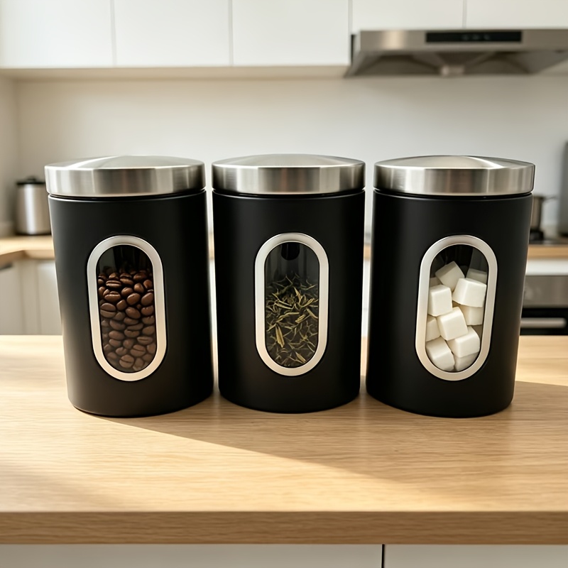 TEMU 3pcs Food Sealed Jars With View Windows For Categorizing Storage Of Coffee, Tea, Sugar, And Checking Food Capacity. Durable Metal, Suitable For