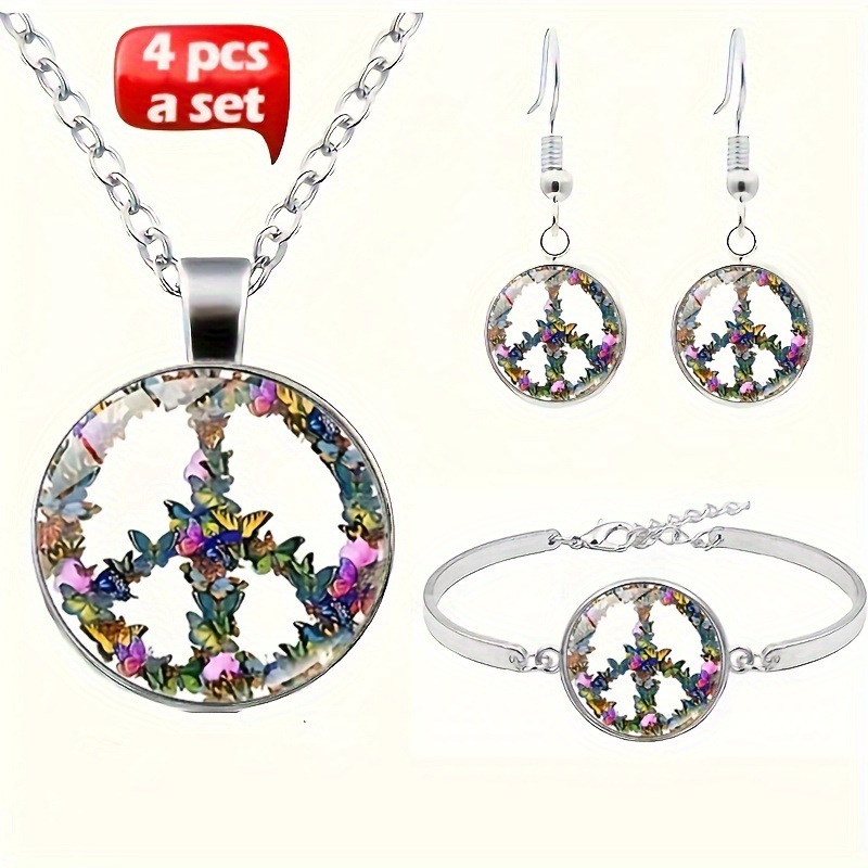 4pcs earrings necklace plus bracelet fashion jewelry set trendy sign of peace design match daily outfits perfect gift for peace advocates