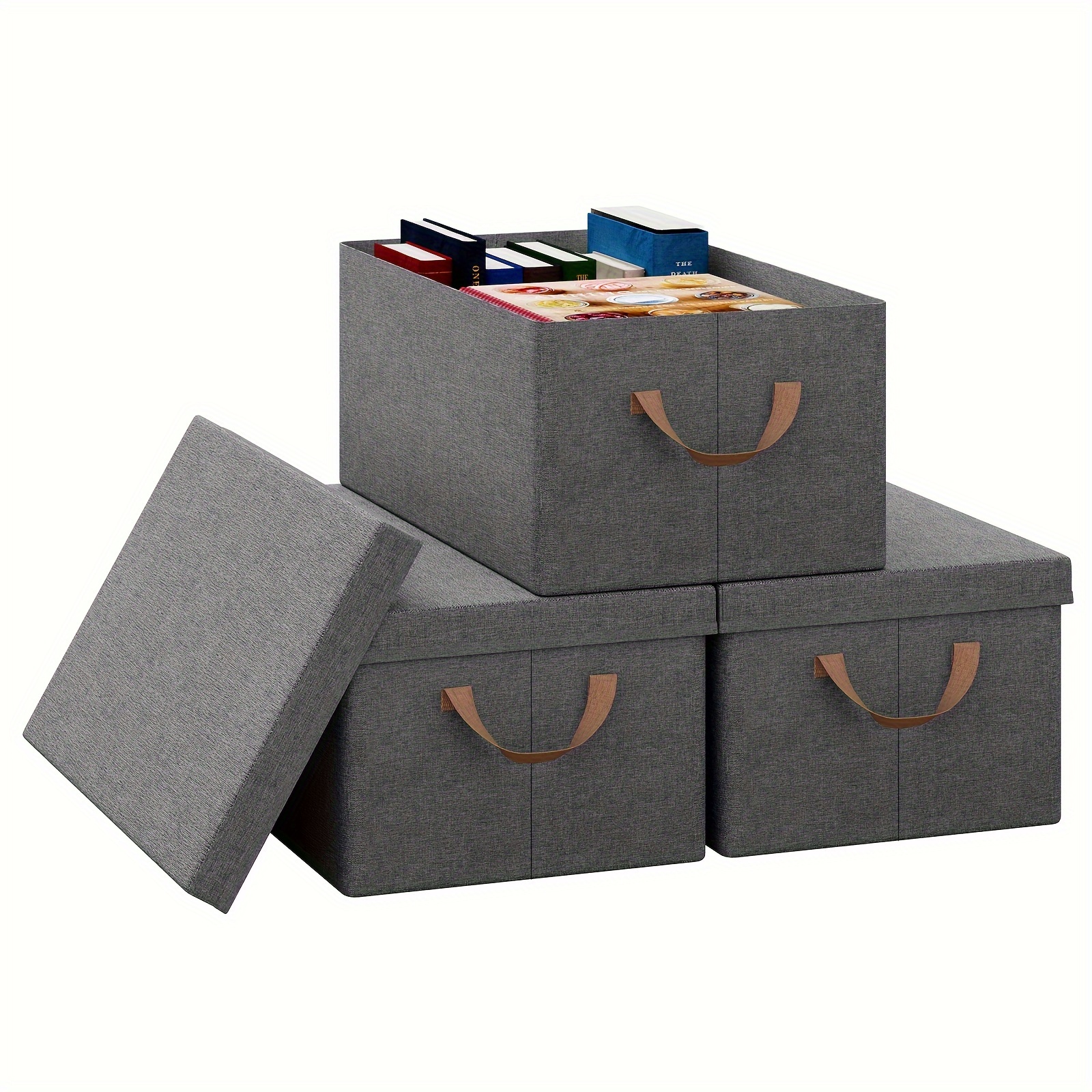 3pcs Large Capacity Woven Storage Box 36l, Box With Lid, Collapsible Box, Storage Box For Clothes, Grey