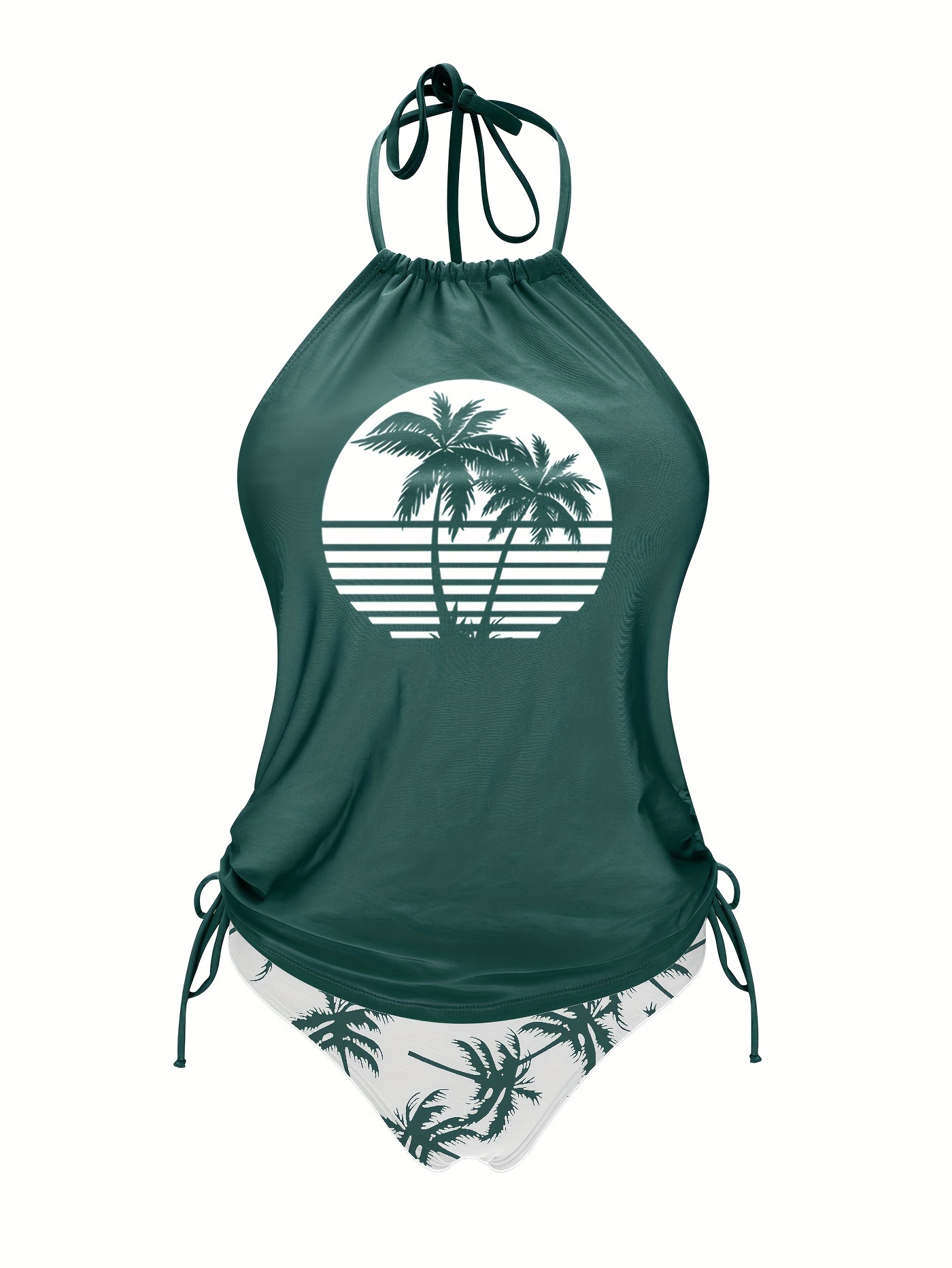 Coconut Tree Set Pattern Drawstring 2pcs Set Swimsuit, Halter Tie Neck Backless Stretchy Low Waist Bathing Suit for Beach Pool, Women'S Swimwear & Clothing