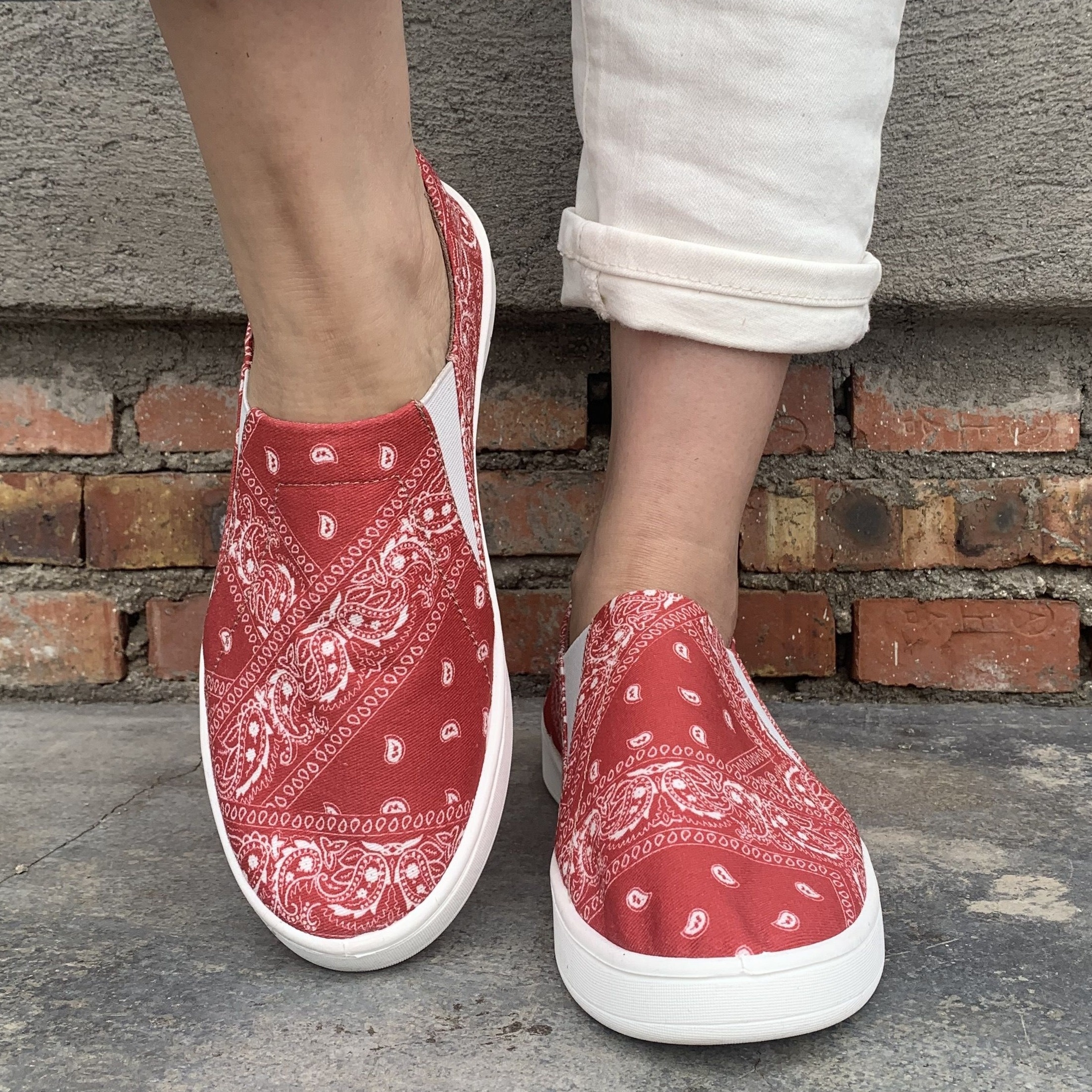 

Women's New Red Paisley Print Canvas Shoes, Comfortable Slip On Outdoor Shoes, 4 Seasons Casual Women's Shoes