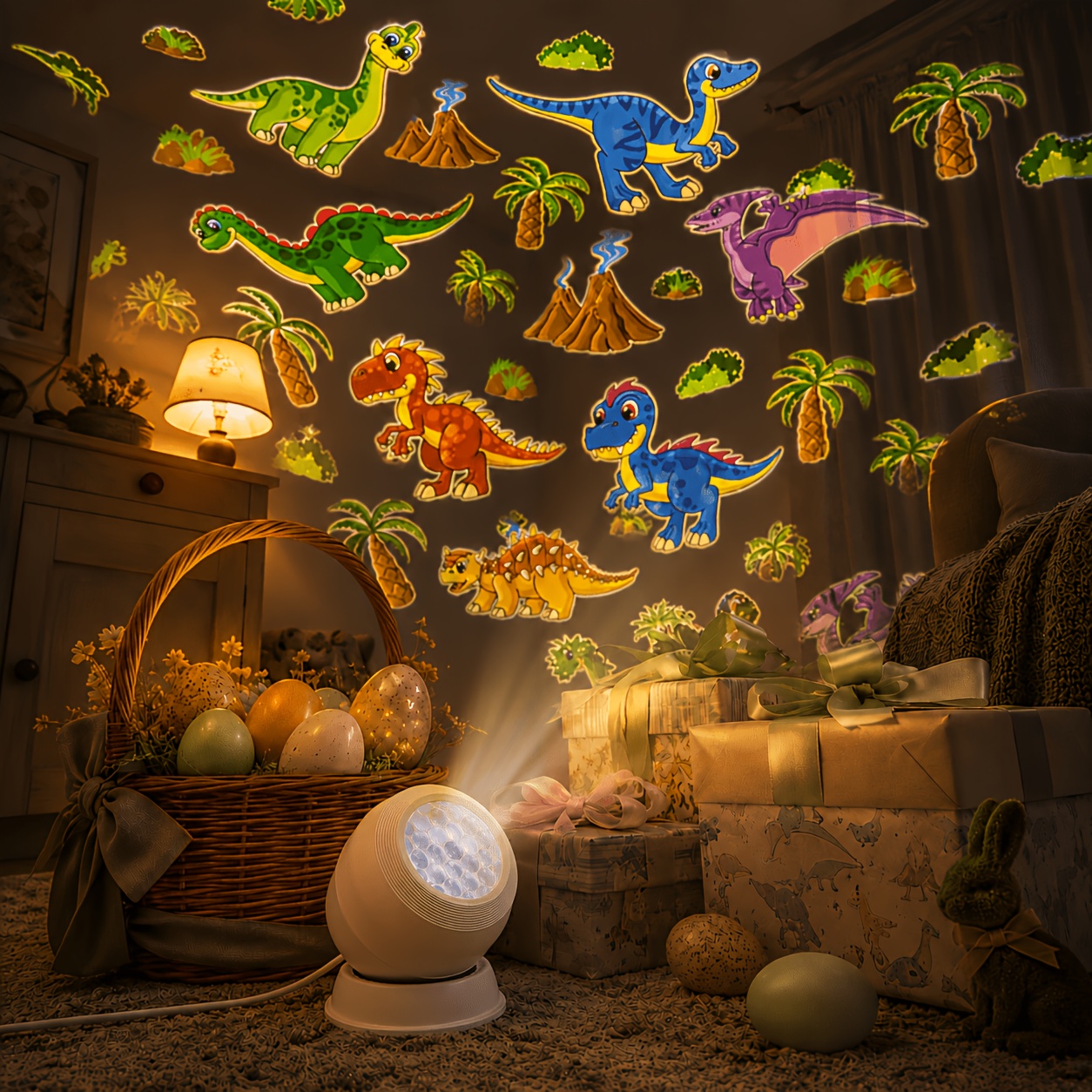 TEMU 1pc 360Â° Rotating Dinosaur Projector Night Light, Usb Powered Dynamic Cute Dinosaur Projection Lamp, Ambient Mood Light For Bedroom, Room Decor,