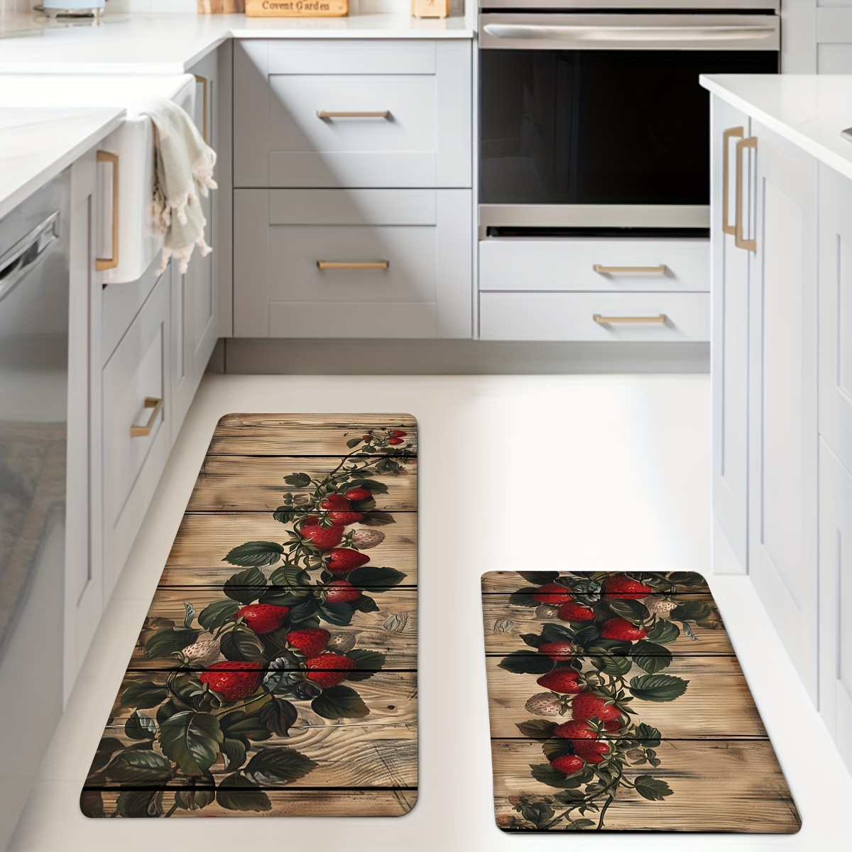 

1pc/2pcs, Strawberry Branch Kitchen Mats, Non-slip And Durable Bathroom Pads For Floor, Comfortable Standing Runner Rugs, Carpets For Kitchen, Home, Office, Laundry Room, Bathroom, Spring Decor