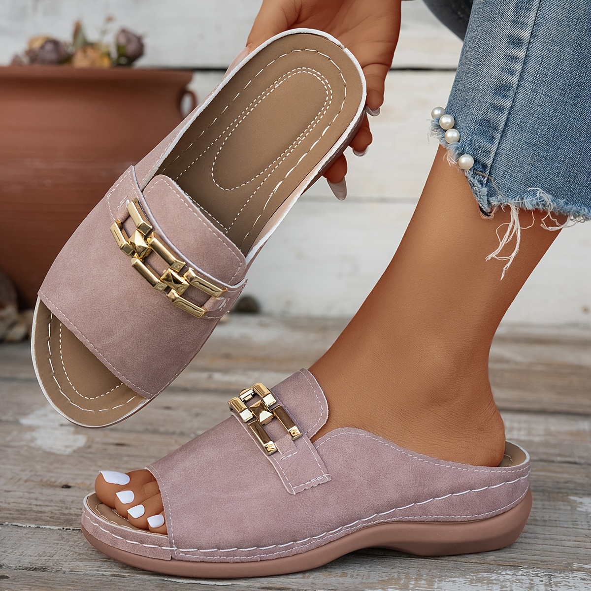 womens wedge sandals metal chain detail casual open toe platform shoes summer beach footwear women shoes