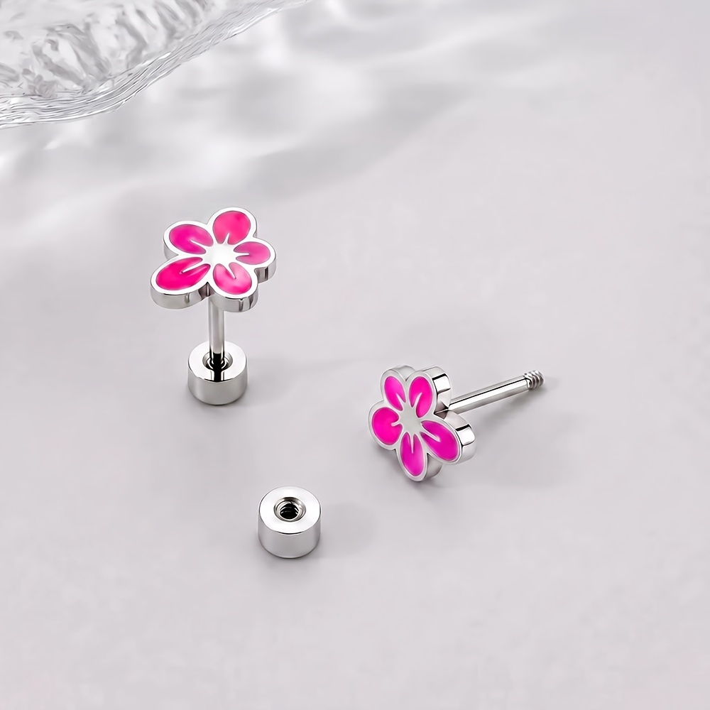 TEMU Pendientes de mujer con flores de esmalte coloridas, aretes planos hipoalergénicos de acero inoxidable impermeables, adecuados para usar con