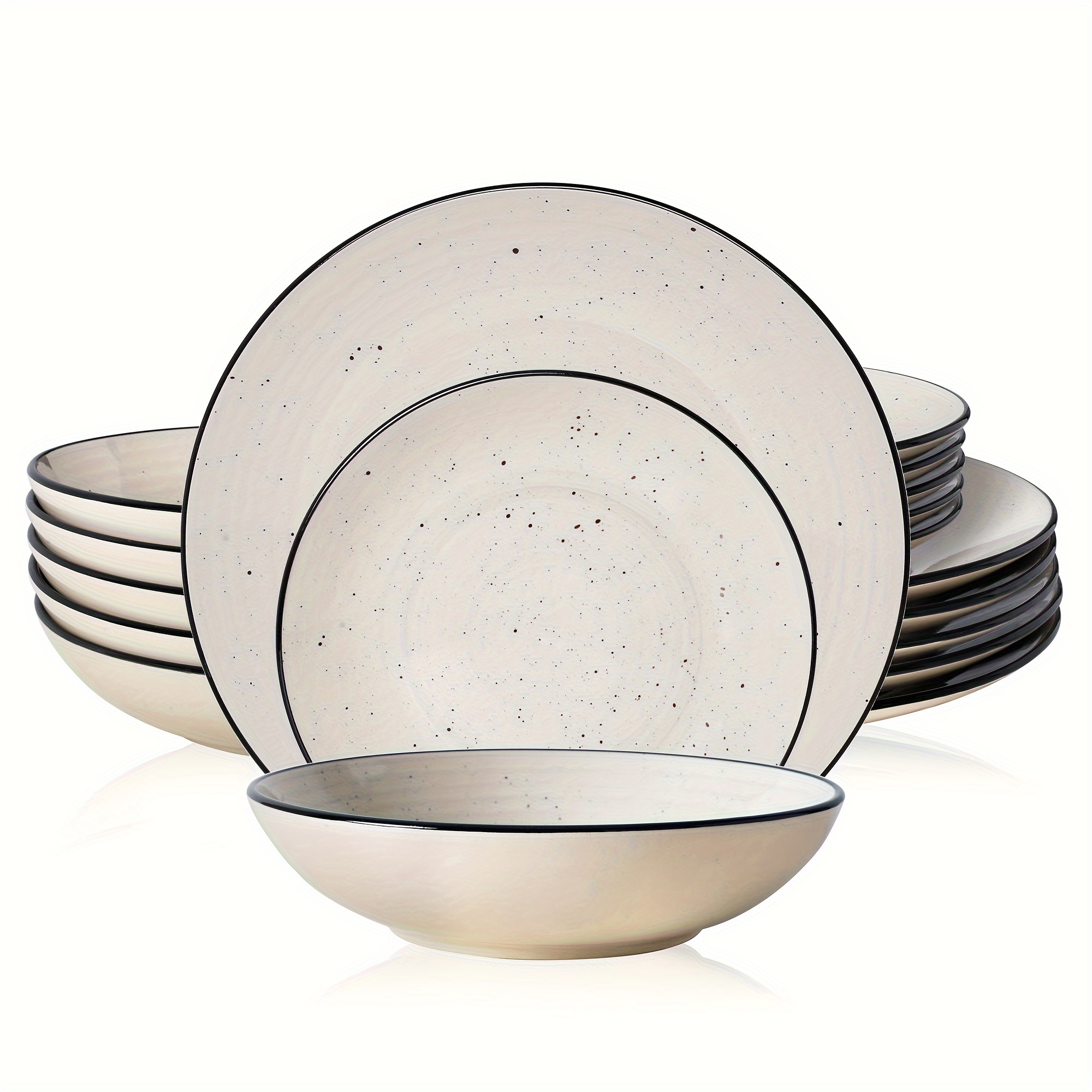 TEMU 18/36pcs Stoneware Muticolour Dinnerware Set For 6/12, Handpainted Pattern Ceramic Combination Set With 10.5in , 7.5in Dessert Plate And 27oz Soup Bowl-