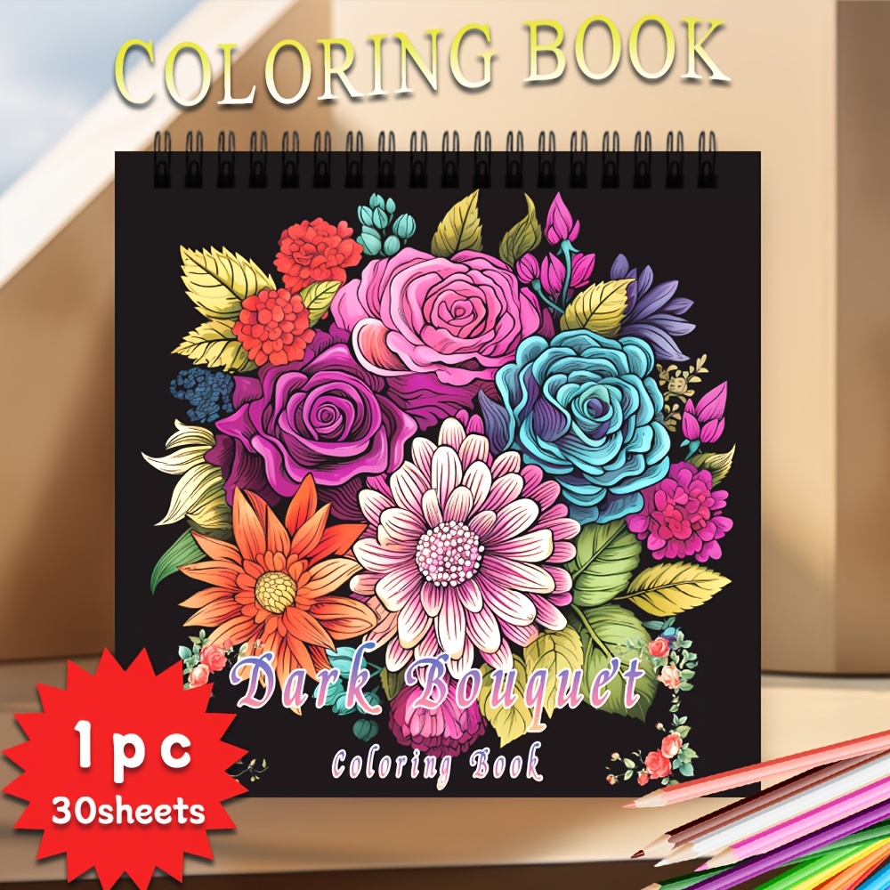 

1pc Teen & Adult Coloring Book - 30 Pages, 100gsm Paper, Floral Dark Bouquet Designs, Ideal For And , Birthday, Easter, Back To School, New Year Gifts