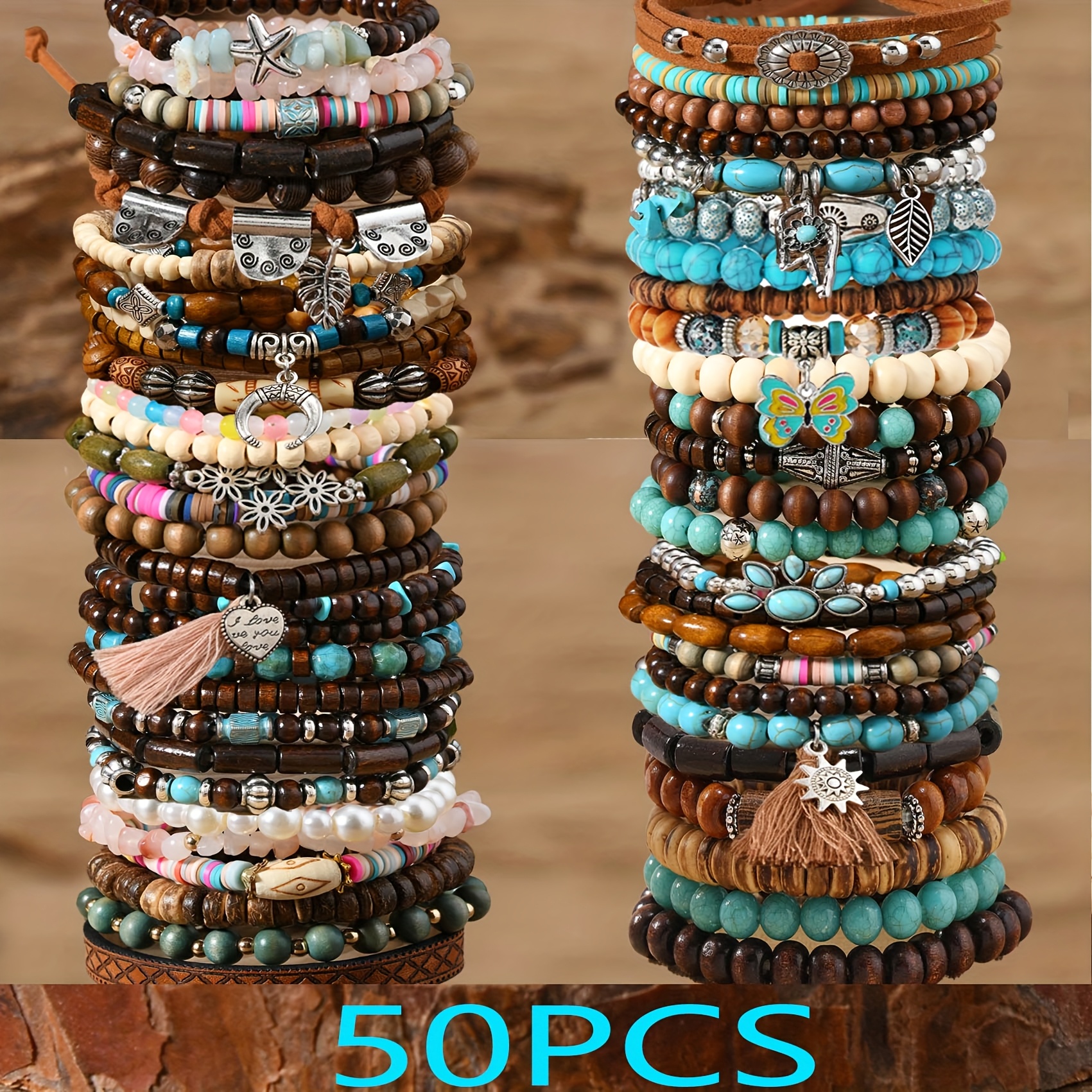 Image of 50pcs Set Beaded Wooden Bead Men's Handmade Couple Bracelet Gift {note: Gift Box Not Included} Christmas Gift Halloween Gift