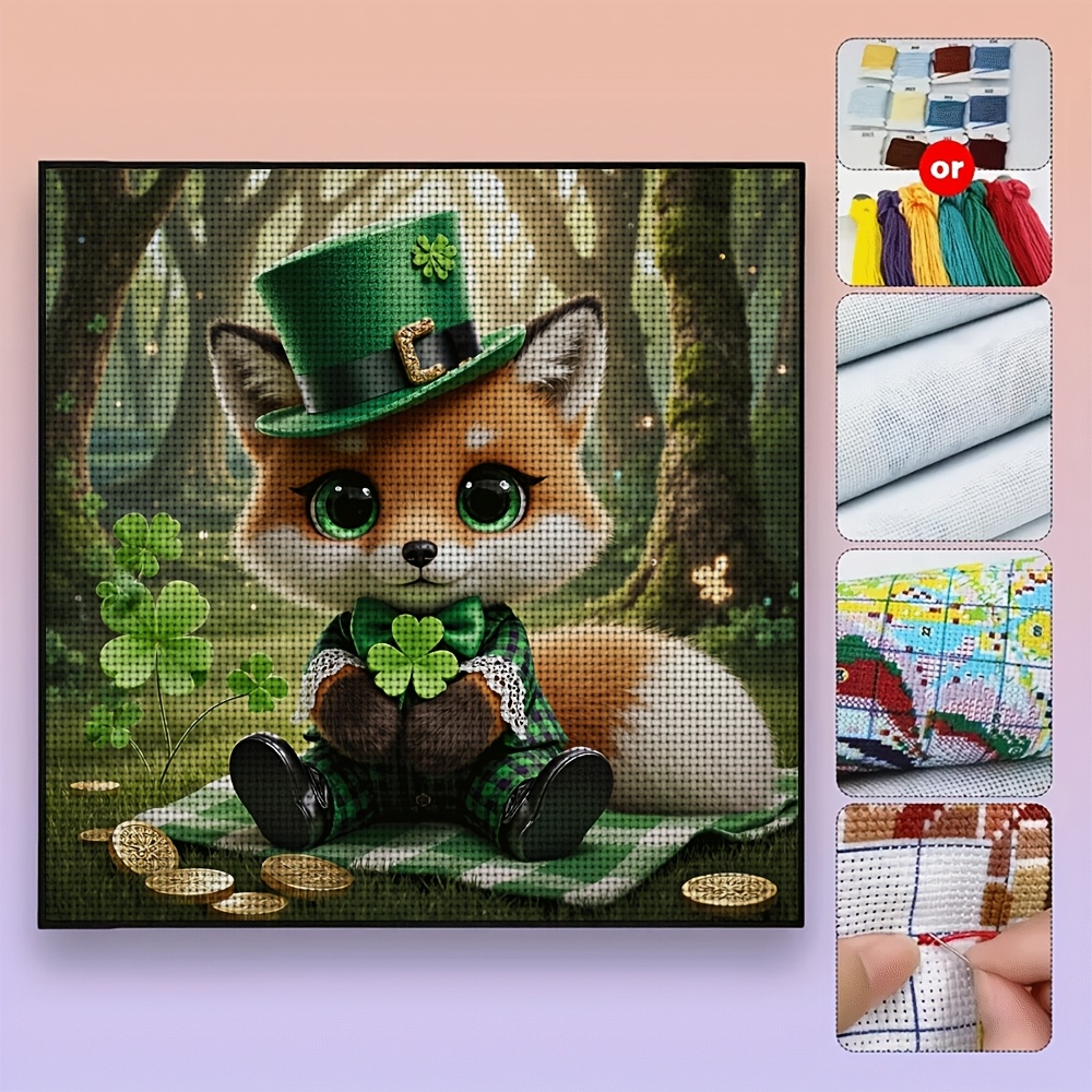 Frameless Cross-Stitch Printing Kit 'Little Fox with Clover'