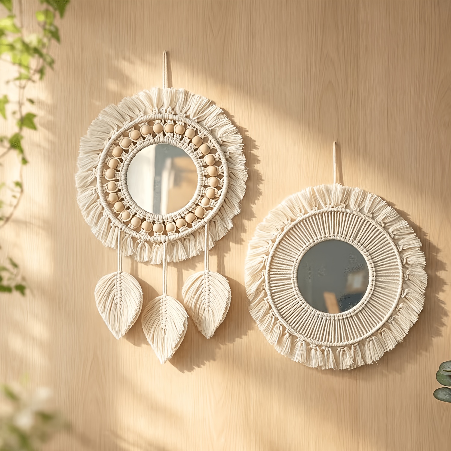 TEMU 2-teiliges Set, Wandspiegel mit Quasten, runder dekorativer Spiegel im Bohemian-Stil mit handgefertigten Quasten, Wanddeko, geeignet für