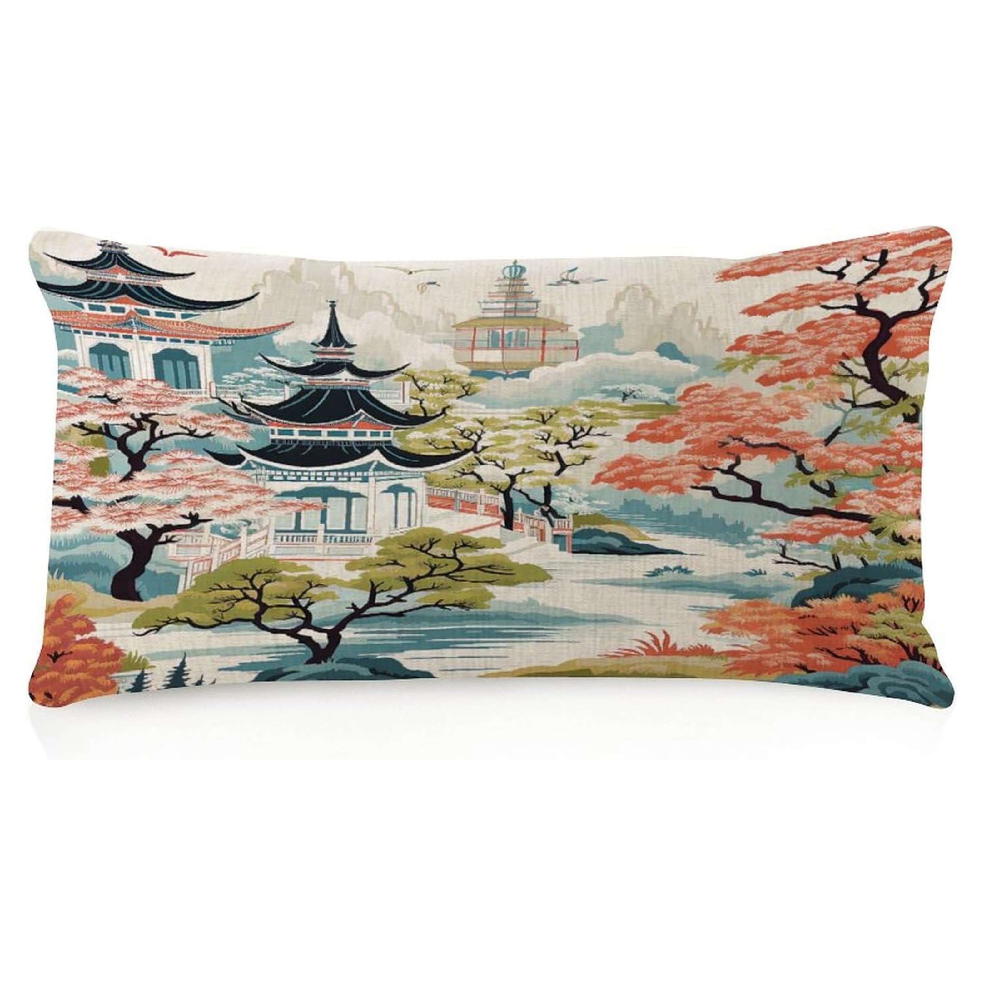 

1pc Elegant Asian Chinoiserie Throw Pillow Cover, Polyester Oriental Pagoda & , Machine Washable, Zipper Closure, Woven Decorative For Home & Outdoor - Single Side (no Pillow Insert)