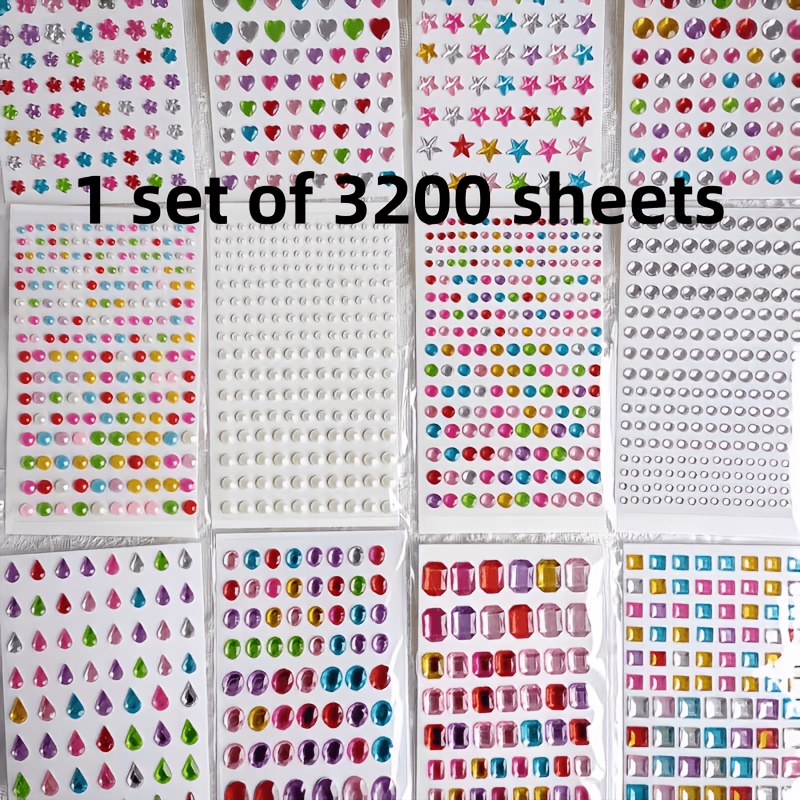 1 Set Of 3200-color Glitter Stickers Made From Artificial Gemstones, Totaling 12 Sheets With , Suitable For Decoration, Heart And Star Patterns, And With Pearl Chains