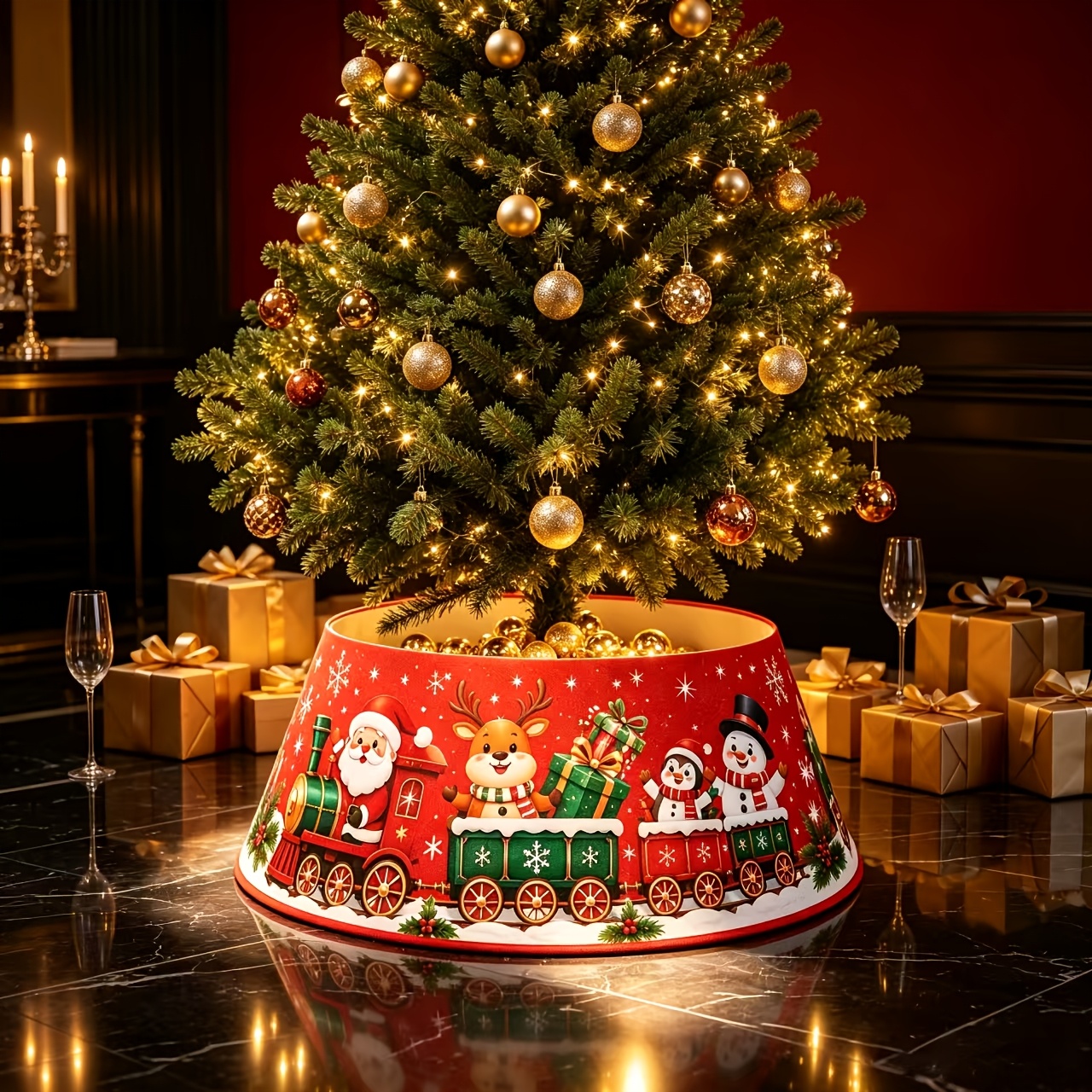 TEMU Jupe de sapin de Noël à fond rouge avec train de dessin , tissu décoratif de couverture de base de sapin de Noël