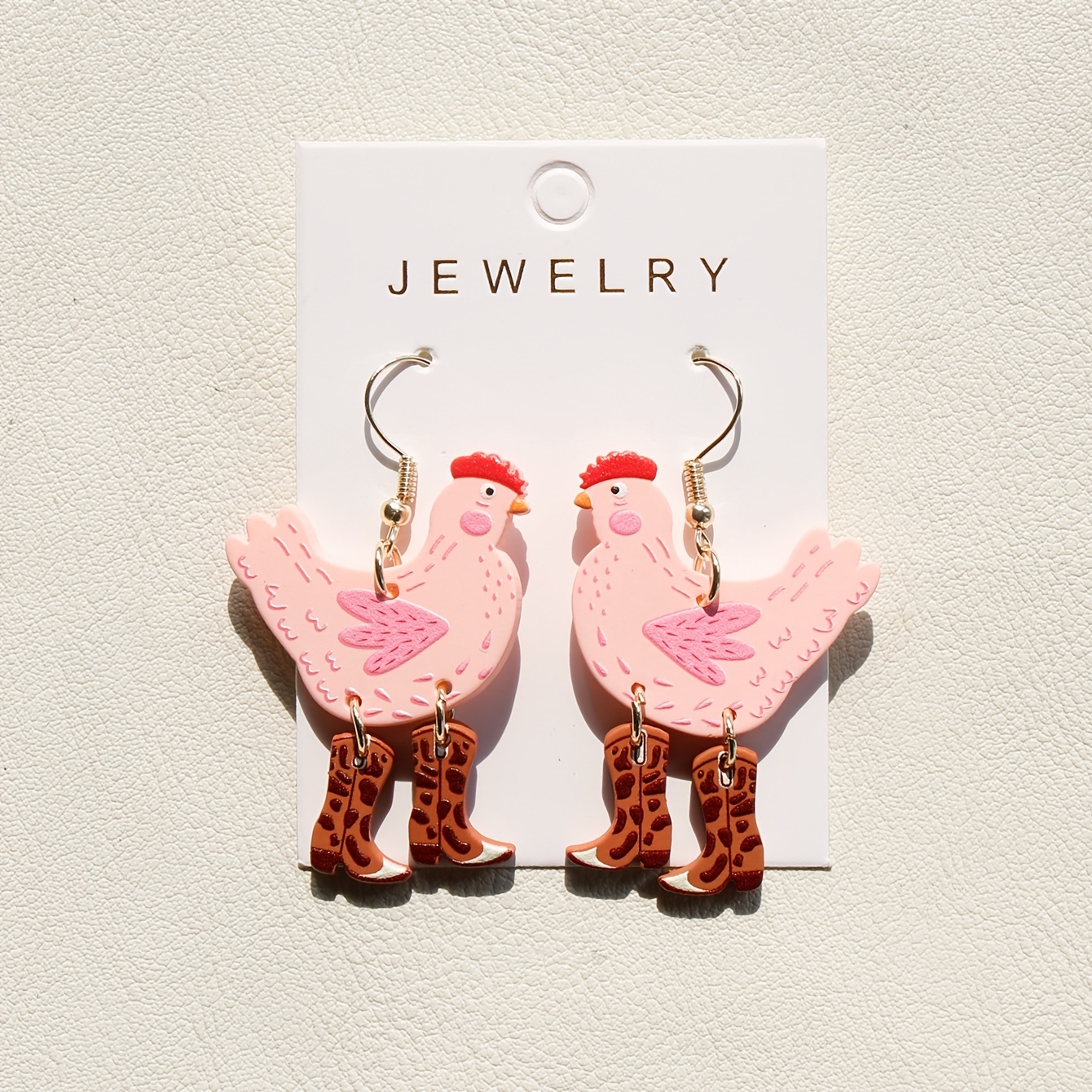 Image of A Pair Of Pink Chicken Acrylic Pendant Earrings With Brown Leopard Print Boots, A Cute And Accessory, Perfect As A Gift For Women At Music Festivals And Parties