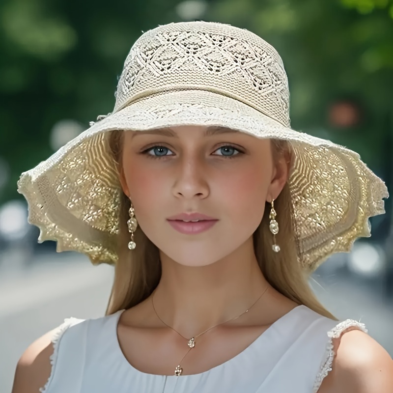 

Breathable Washable Folding Hat For Women, Stylish Hollowed Out Sun Hat With Wide Brim For The Beach