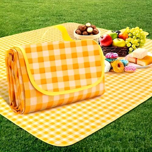 sand protection picnic blanket yellow and white checkered design with orange border foldable durable non woven fabric suitable for camping hiking and outdoor activities hand wash only checkered pattern durable canvas