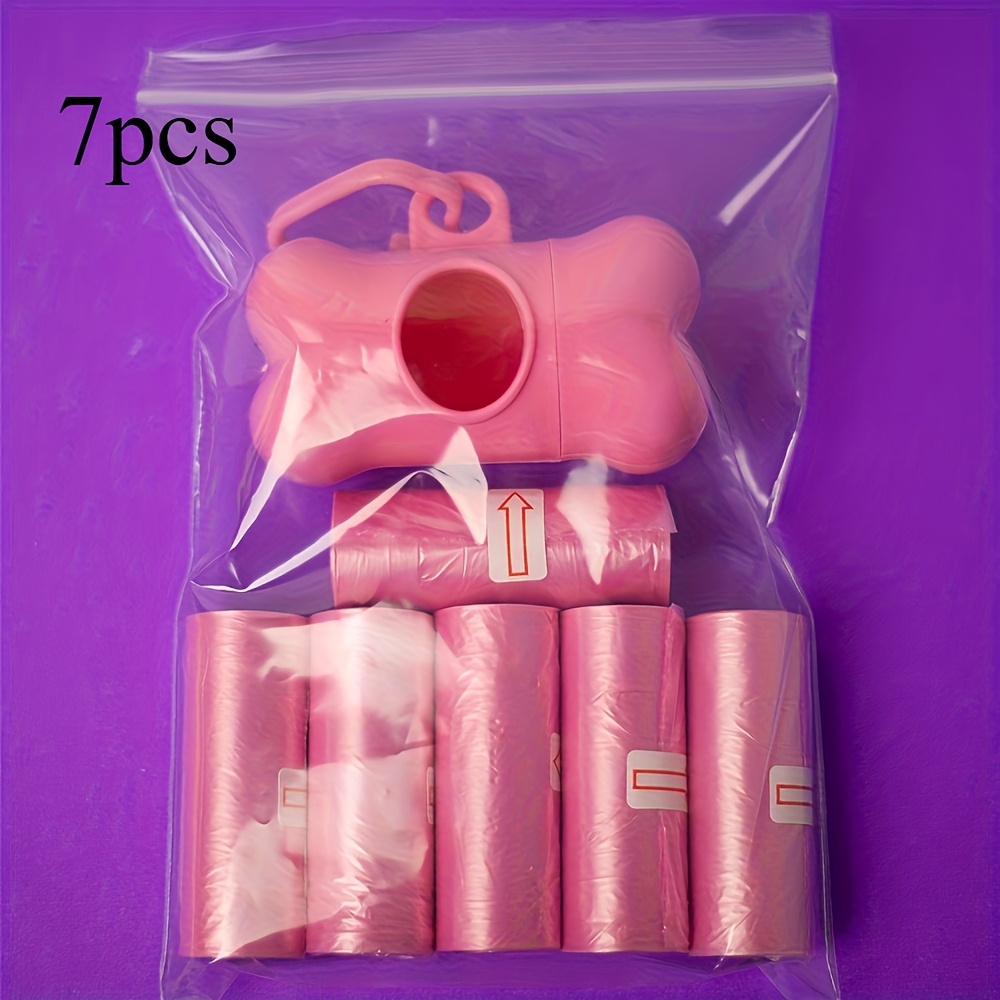 Image of 7pcs 6 Rolls Pink Trash Bags + 1pc Dispenser, Dog Poop Bag Holder With Skeleton Design - Plastic Waste & Pet Carrier Case