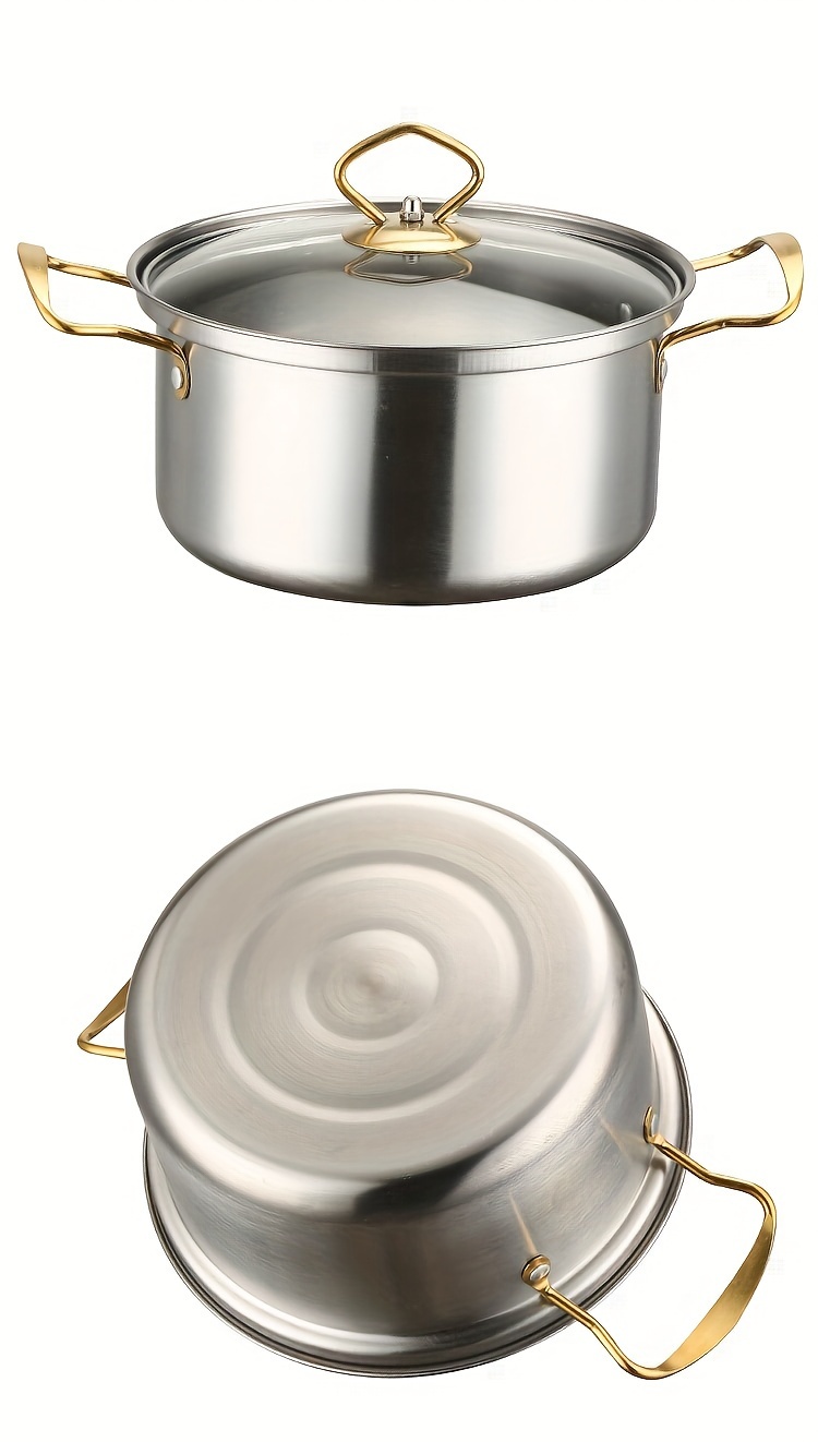   stainless steel cookware set with glass lid golden double handle pots for home dorm camping soup stew cooking kitchenware set dishwasher safe compatible with all stovetops details 16