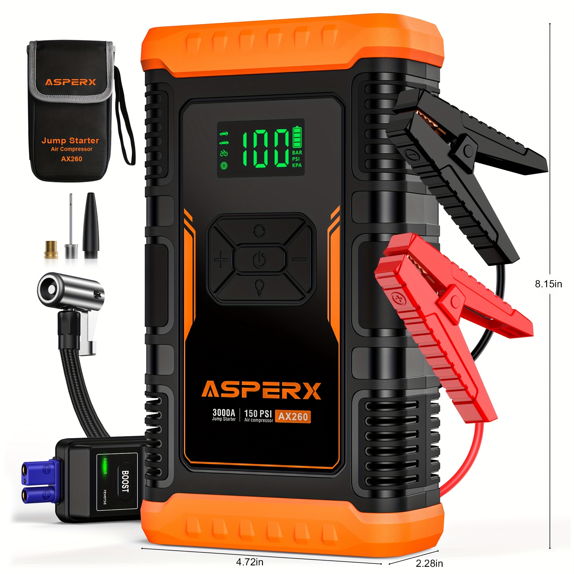 

Asperx Jump Starter With Air Compressor, 3000a Battery Starter With Fast Charging (up To 10l Gas/8.0l Engines), 12v Battery Jump Starter With 3.4 In Lcd Display, Battery Booster With Led Light.