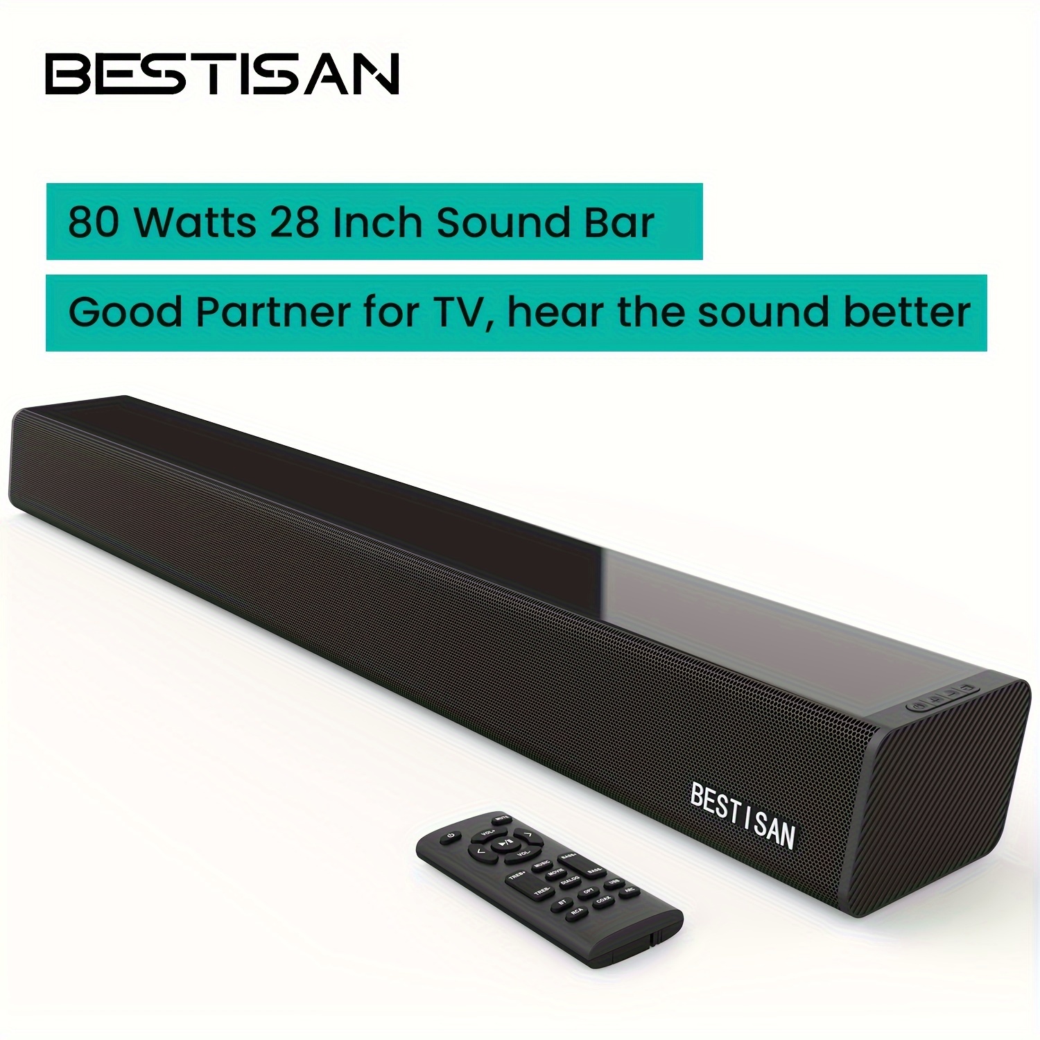 

Soundbar 28-inch 80w With Arc, Bt 5.0, Optical Coaxial Usb Aux Connection, 4 Speakers, 3 Eqs, 110db Surround Sound Bar Home Theater Audio For Tv, Wall Mountable, Bass Adjustable
