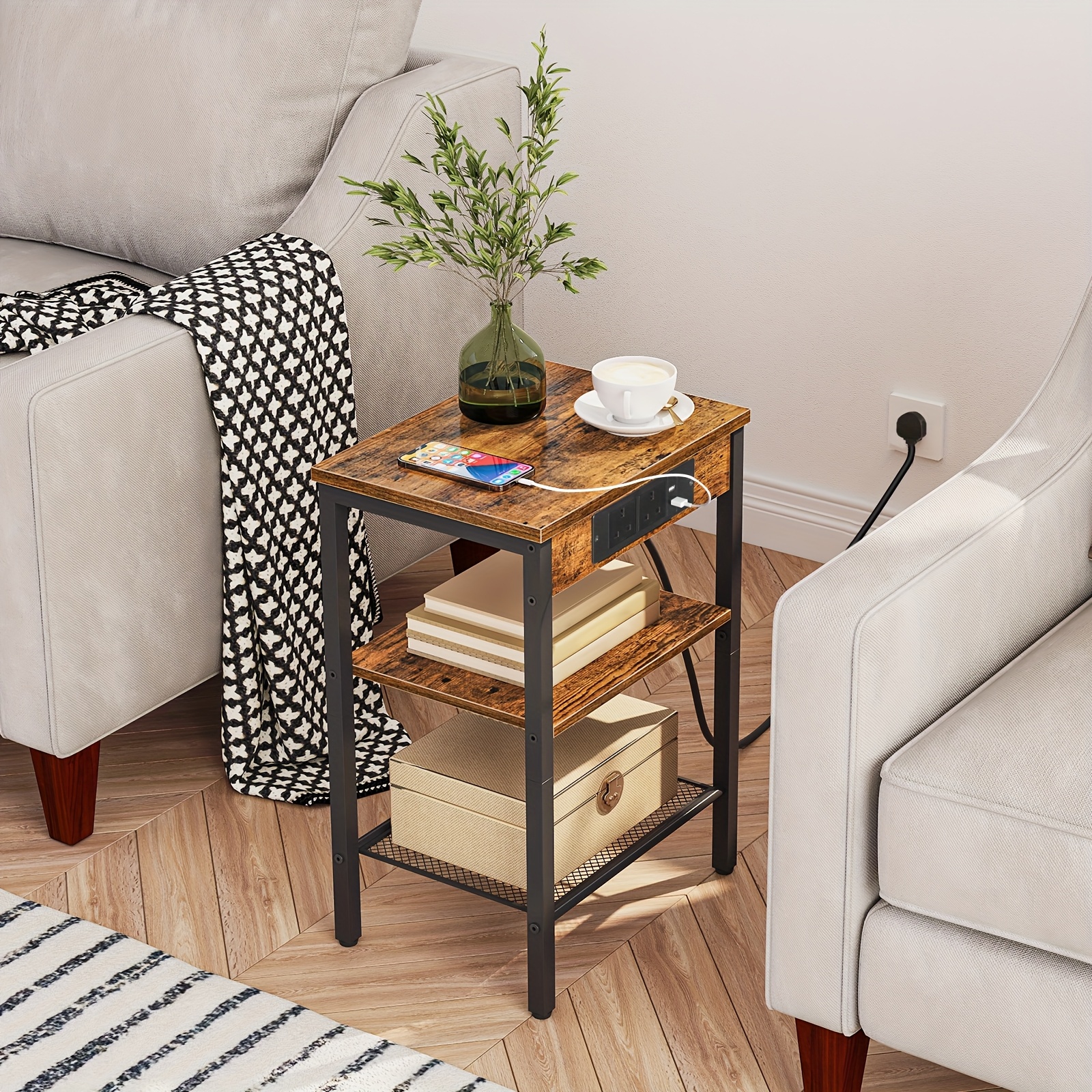 Brown Side Table with Charging Station and Adjustable Shelf