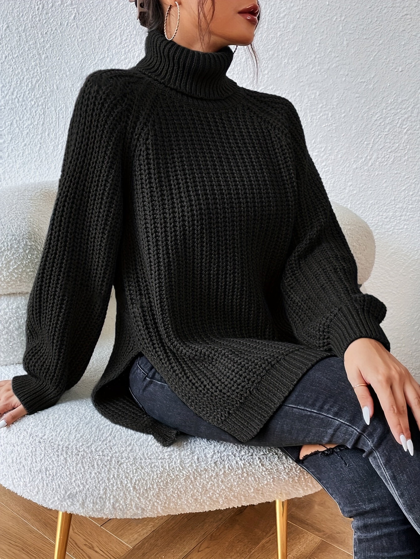 turtleneck knitted split hem versatile sweater casual long sleeve sweater for fall winter womens clothing black 2