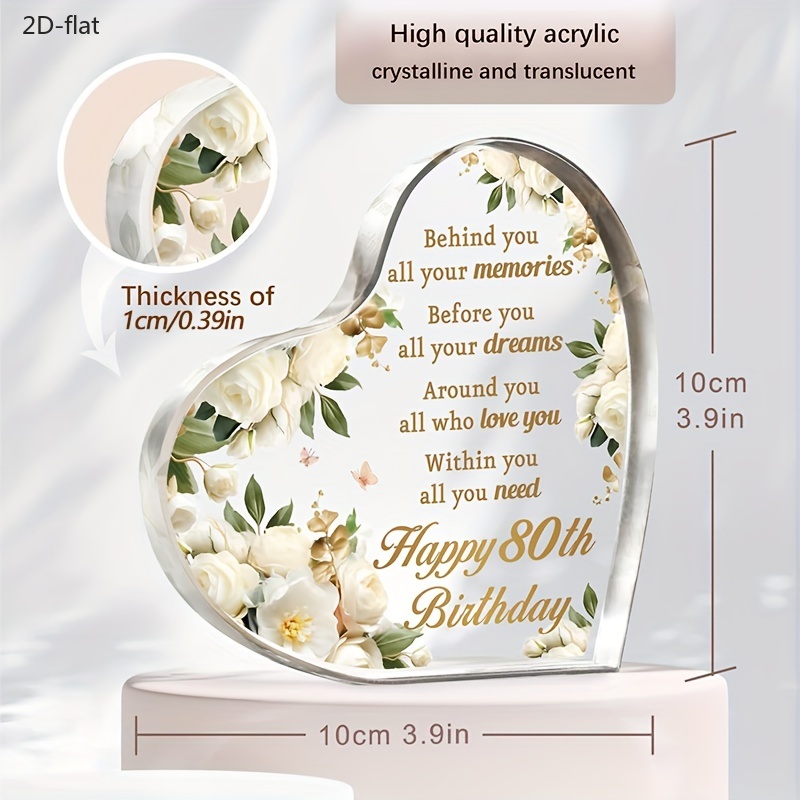 TEMU 80th Birthday Gift And Decoration - Heart-shaped Acrylic Souvenir With And Inspirational Quote - Party Decor, Milestone Celebration, Birthday