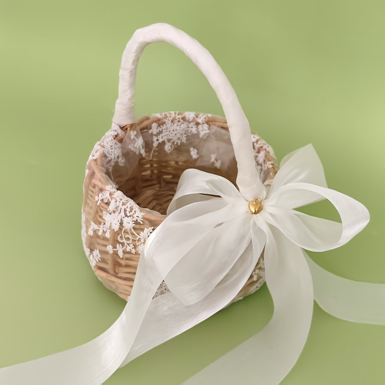 Image of Lace Soft Fishtail Gauze Decorated Sturdy Durable Woven Flower Basket, Handcrafted Basket, Woven Flower Basket, Rustic Picnic Party Flower Basket, Perfect For Halloween & Christmas
