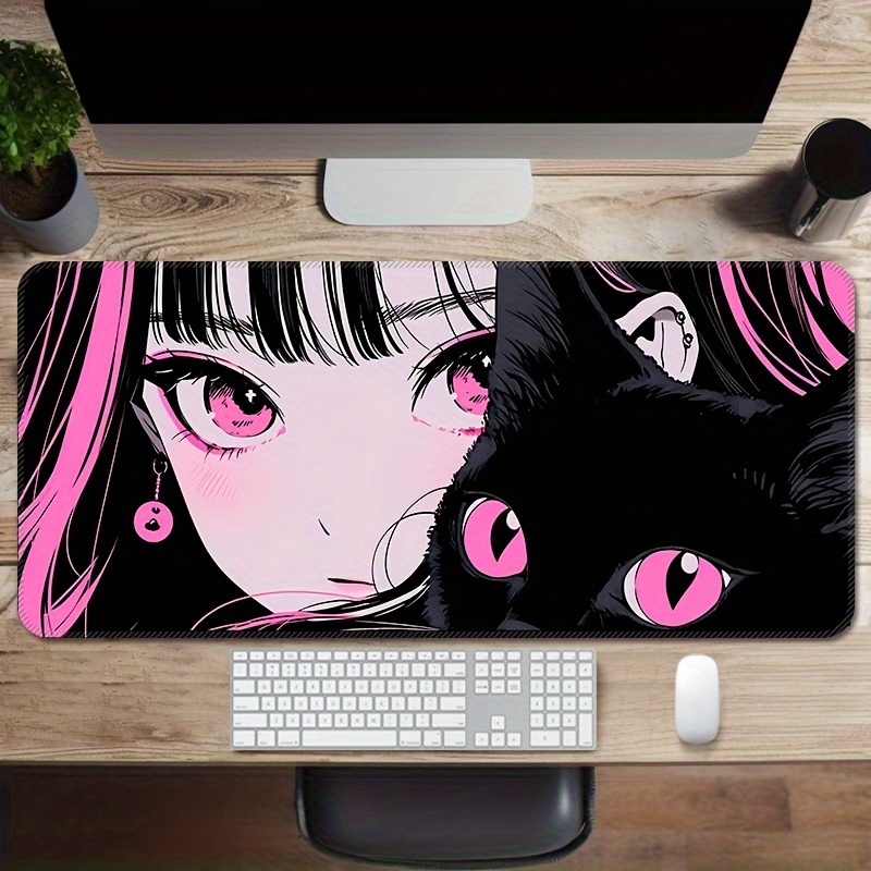 

Anime-inspired Cat And Girl Large Gaming Mouse Pad - Non-slip Rubber Base Extended Mouse Mat With Stitched Edges, Washable Oblong Rectangle Desk Pad For Computers And Esports