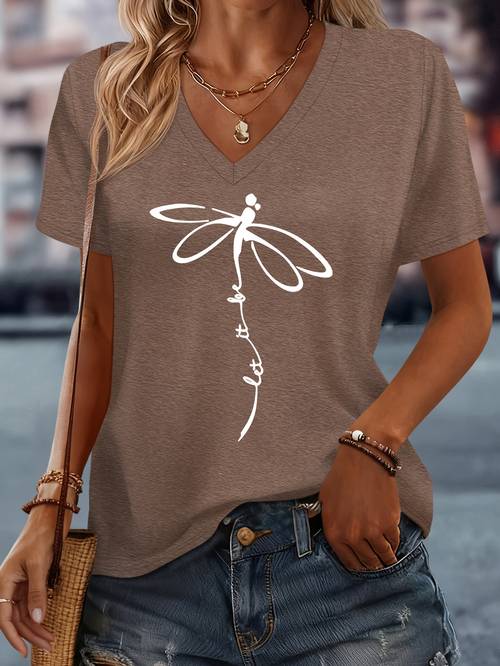 womens print dragonfly dragonflies neck short sleeve t shirt spring summer casual blouse medium stretch comfortable top with v neckline no needed for casual attire machine washable in stock