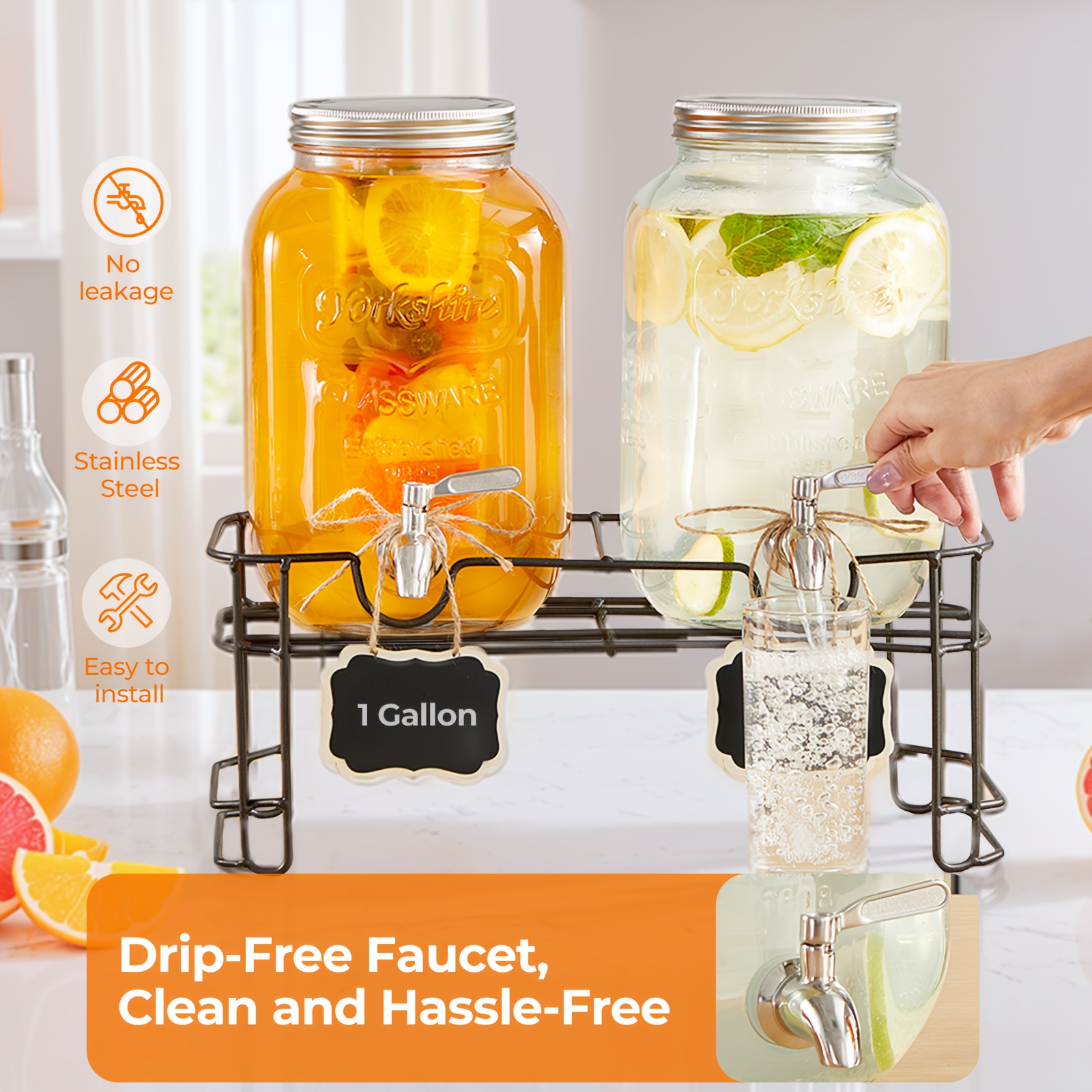 TEMU Distributeur de boissons en verre pour fêtes, lot de 2 distributeurs de boissons de 1 gallon avec support pour jus et , cruche à eau pour