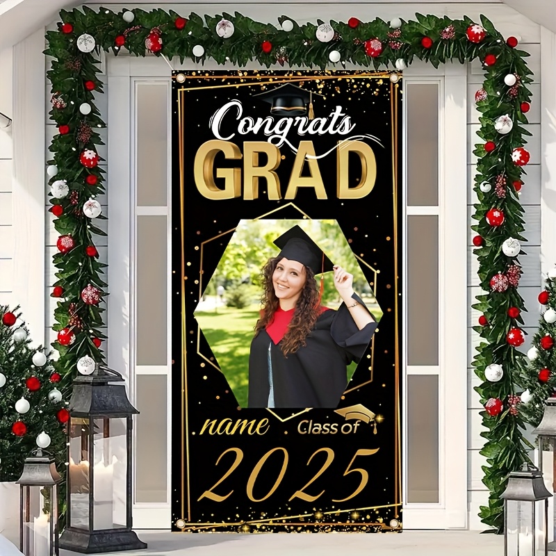 

2d Door Banner, Customizable Graduation Door Banner - Elegant Black & Golden With Personalized Name And Photo, Vinyl, Grad Party Decorations