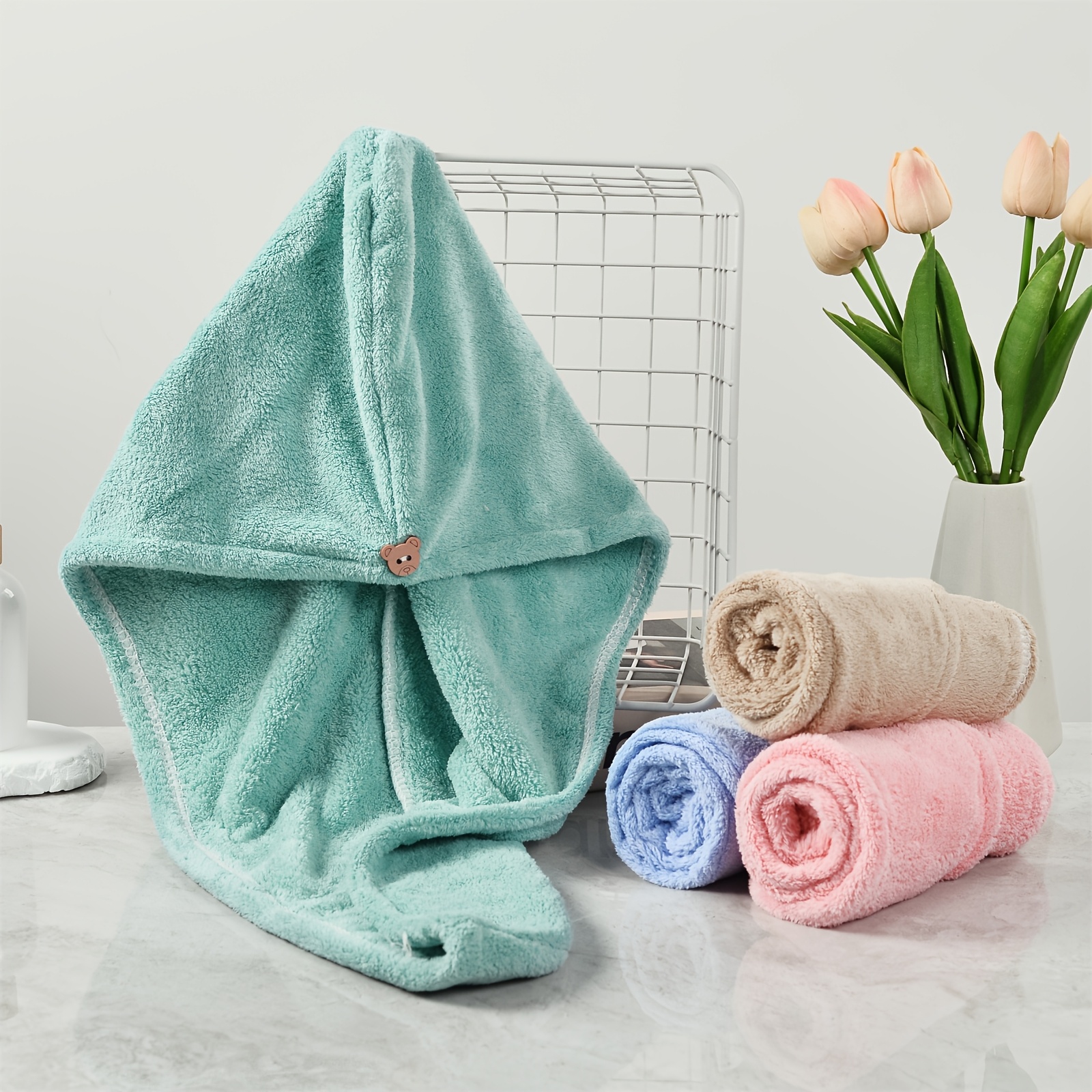 TEMU 4pcs Of Women' Hair Cap: Solid Color Thickened Quick-drying Microfiber , With Super Absorbancy And Hair Drying Speed,bathroom Accessories, Day Gifts,easter Gifts