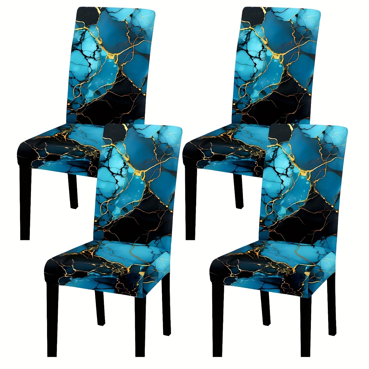 TEMU 4/6 Pcspolyester Blue And Golden Lines, Marble Pattern, Fashionable And Simple Digital Positioning Printed Chair Cover, Soft And Elastic Seat