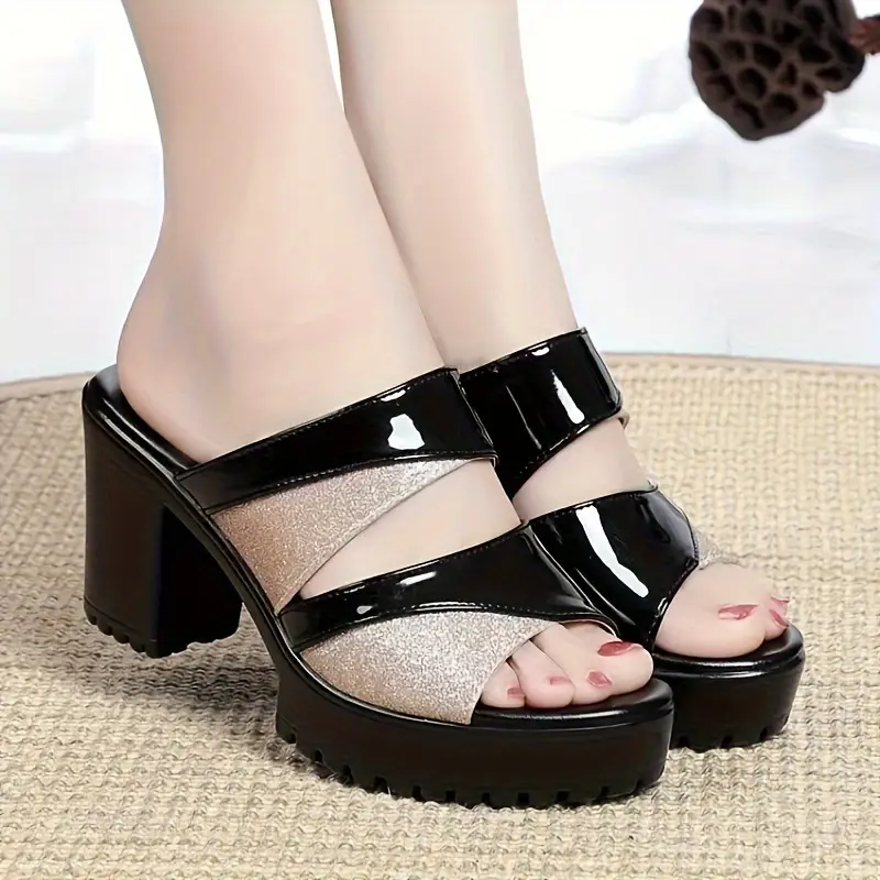 womens solid color stylish sandals slip on platform soft sole sequins decor shoes comfort dress chunky heels details 0