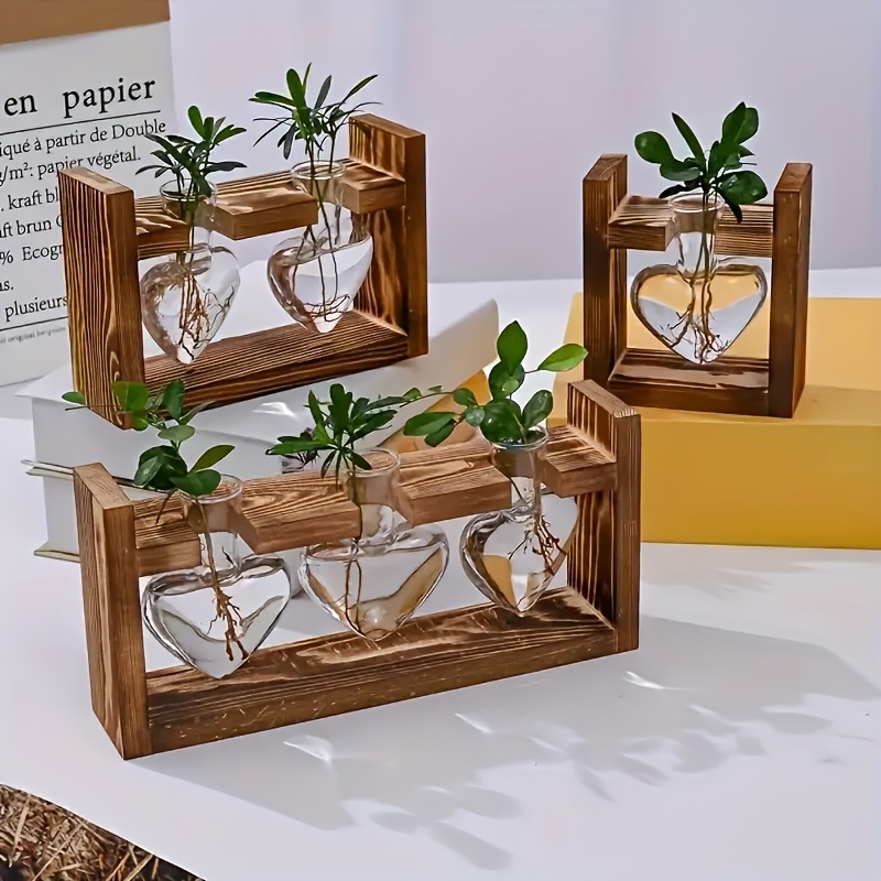 

1pc Transparent Glass Vase With Wooden Frame, Heart-shaped Glass Vase For Hydroponic Plant Propagation, Air Plant Vase For Home And Office Decoration
