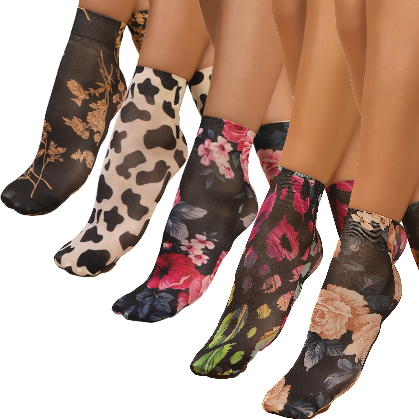 E-shop Fünf Paar Damen Knöchelsocken, Blumenmuster Wadensocken, Dünne Strümpfe